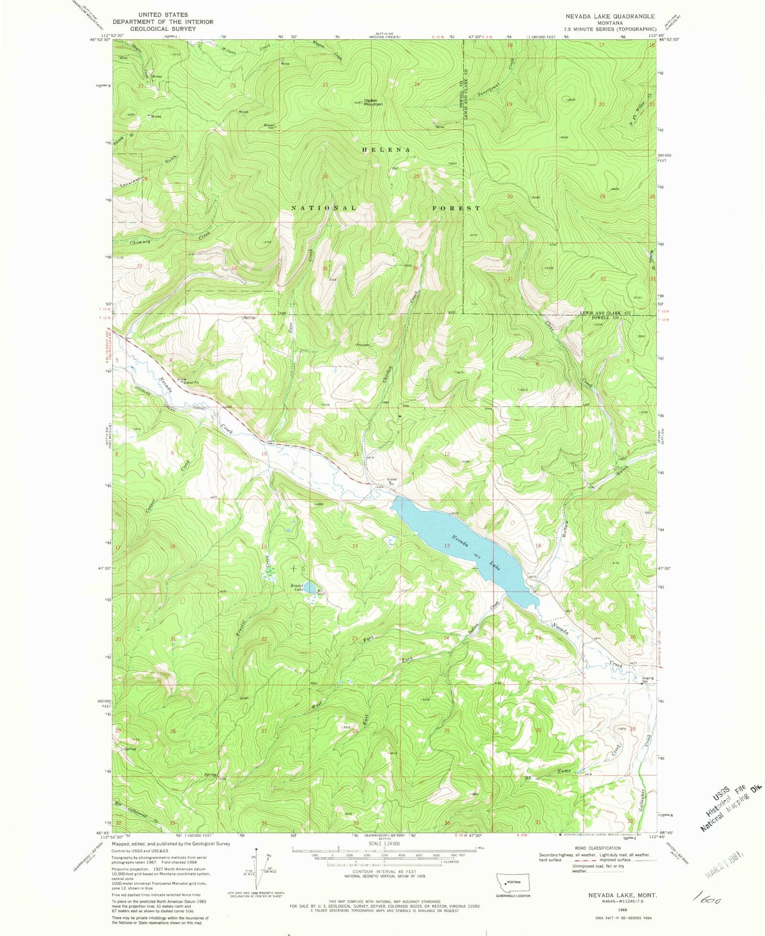 Classic USGS Nevada Lake Montana 7.5'x7.5' Topo Map Image