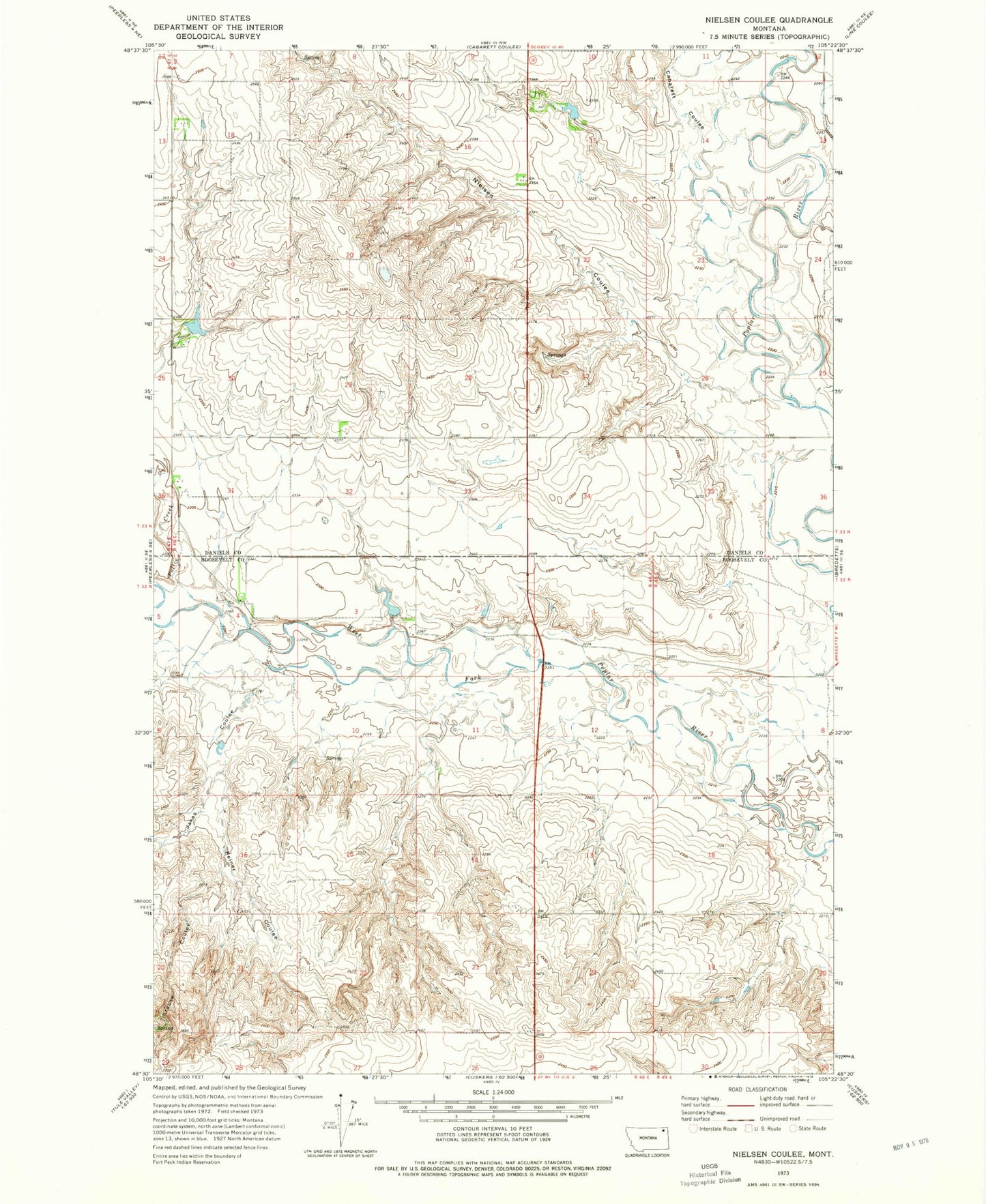 Classic USGS Nielsen Coulee Montana 7.5'x7.5' Topo Map Image