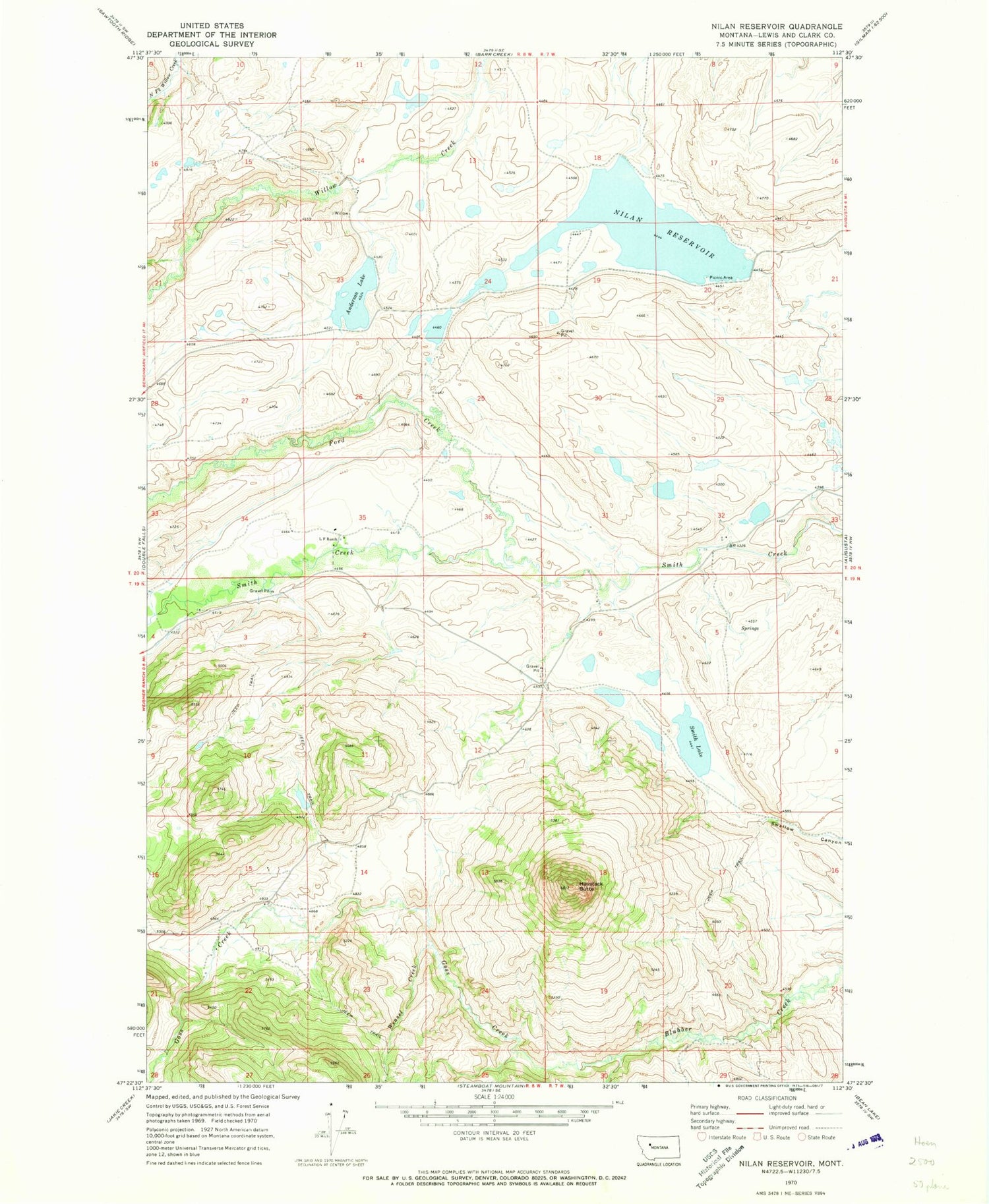 Classic USGS Nilan Reservoir Montana 7.5'x7.5' Topo Map Image