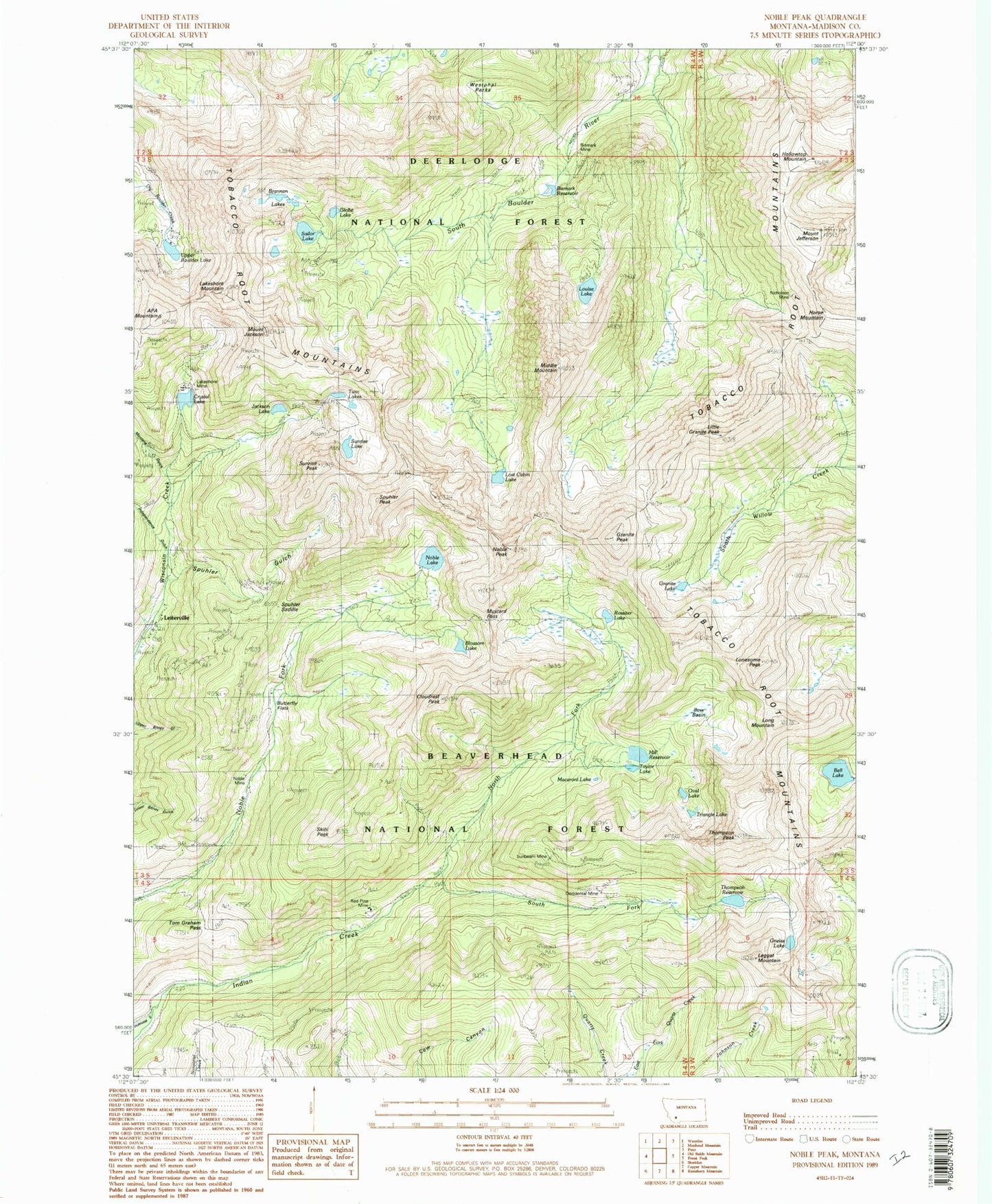 Classic USGS Noble Peak Montana 7.5'x7.5' Topo Map Image