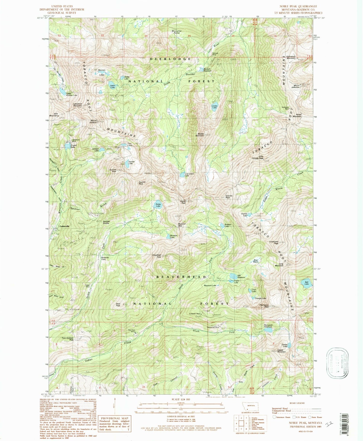 Classic USGS Noble Peak Montana 7.5'x7.5' Topo Map Image