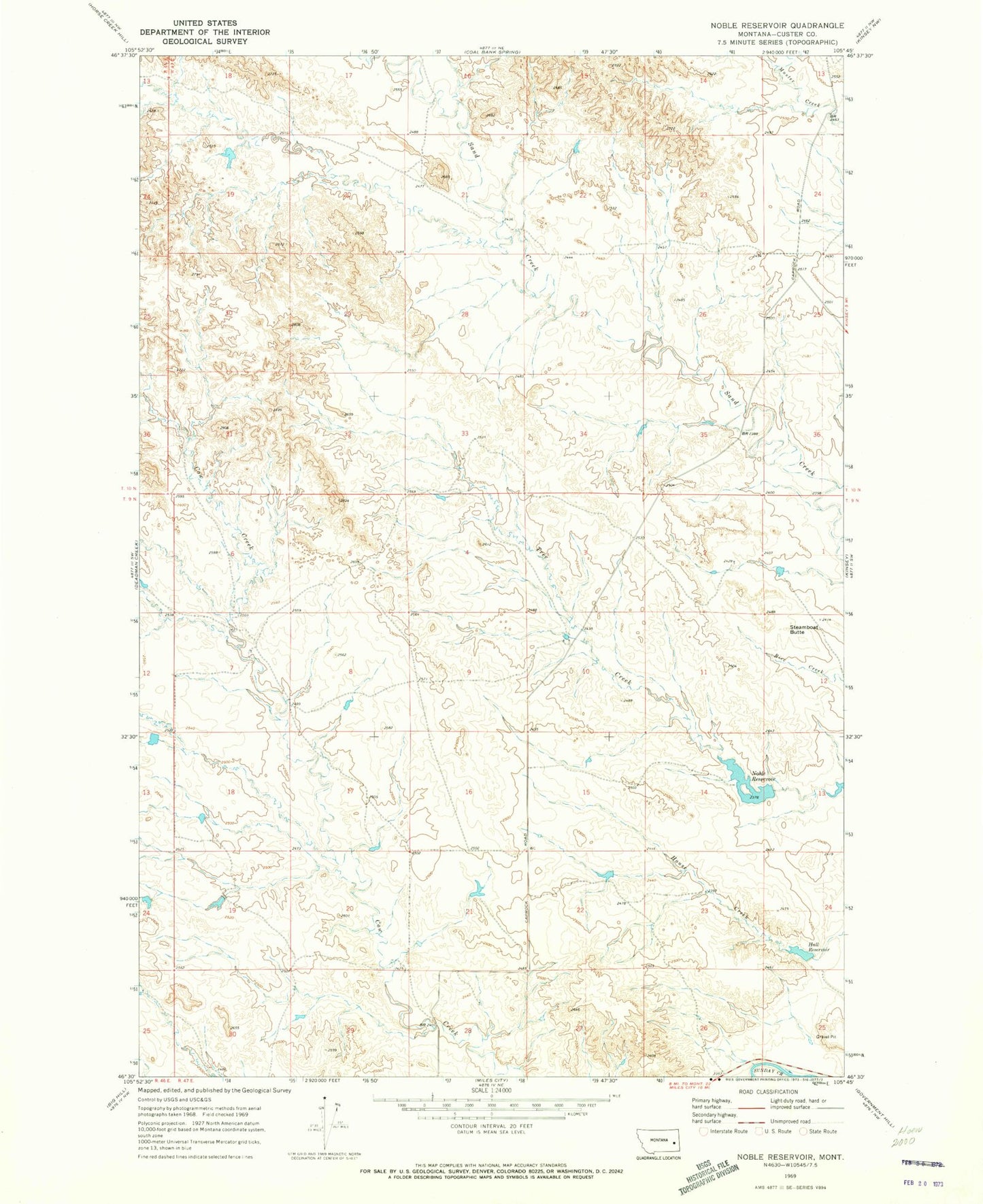 Classic USGS Noble Reservoir Montana 7.5'x7.5' Topo Map Image