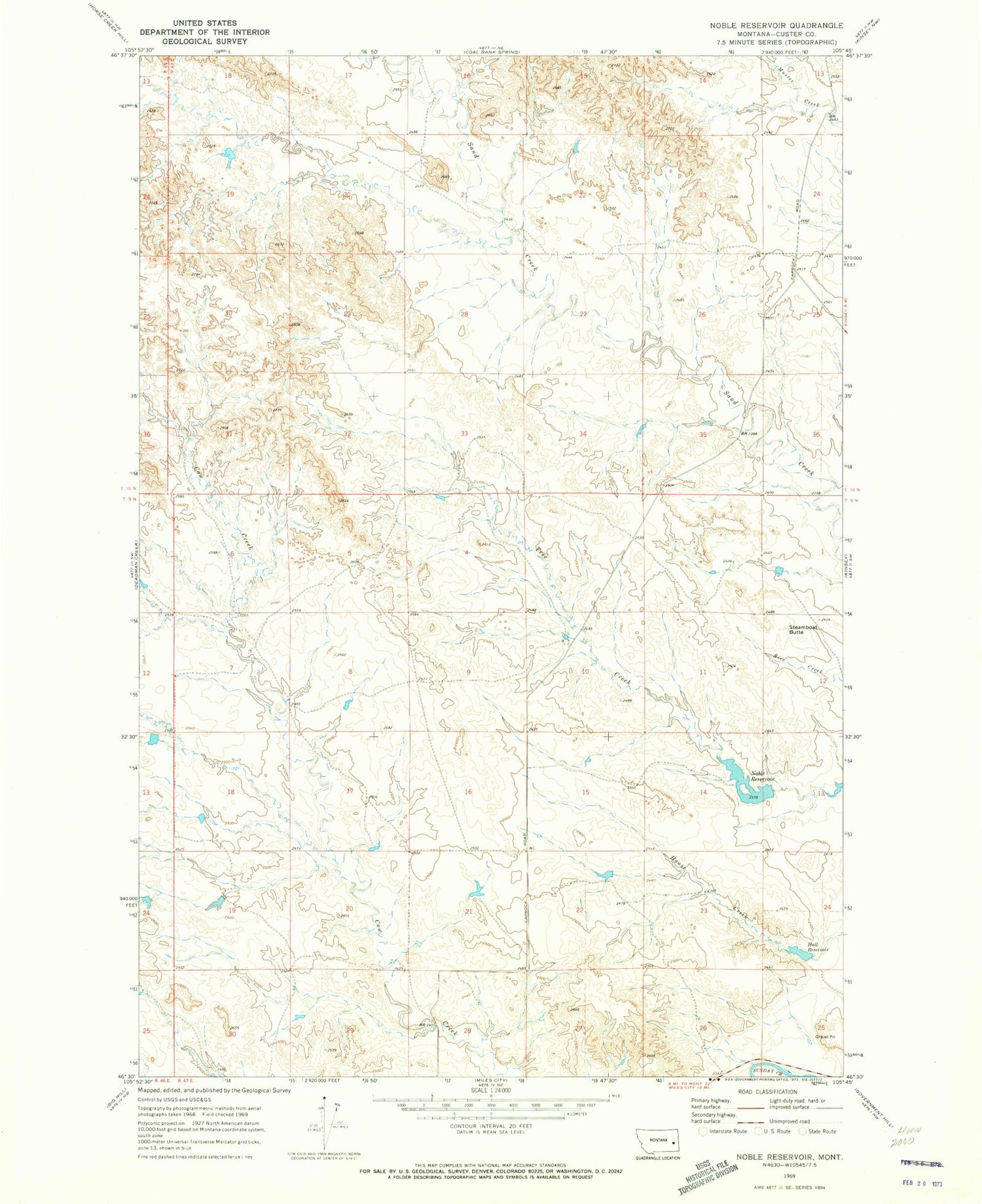 Classic USGS Noble Reservoir Montana 7.5'x7.5' Topo Map Image