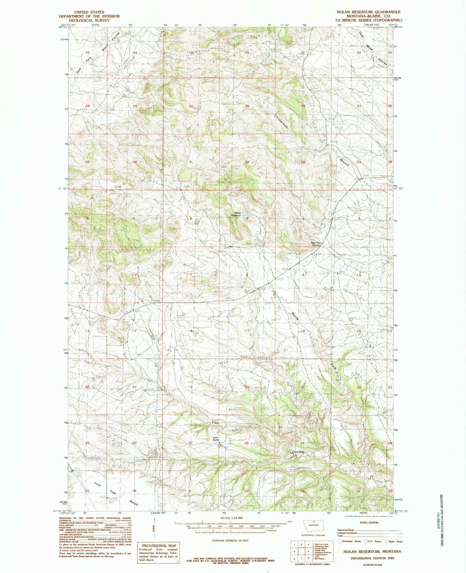 Classic USGS Nolan Reservoir Montana 7.5'x7.5' Topo Map Image