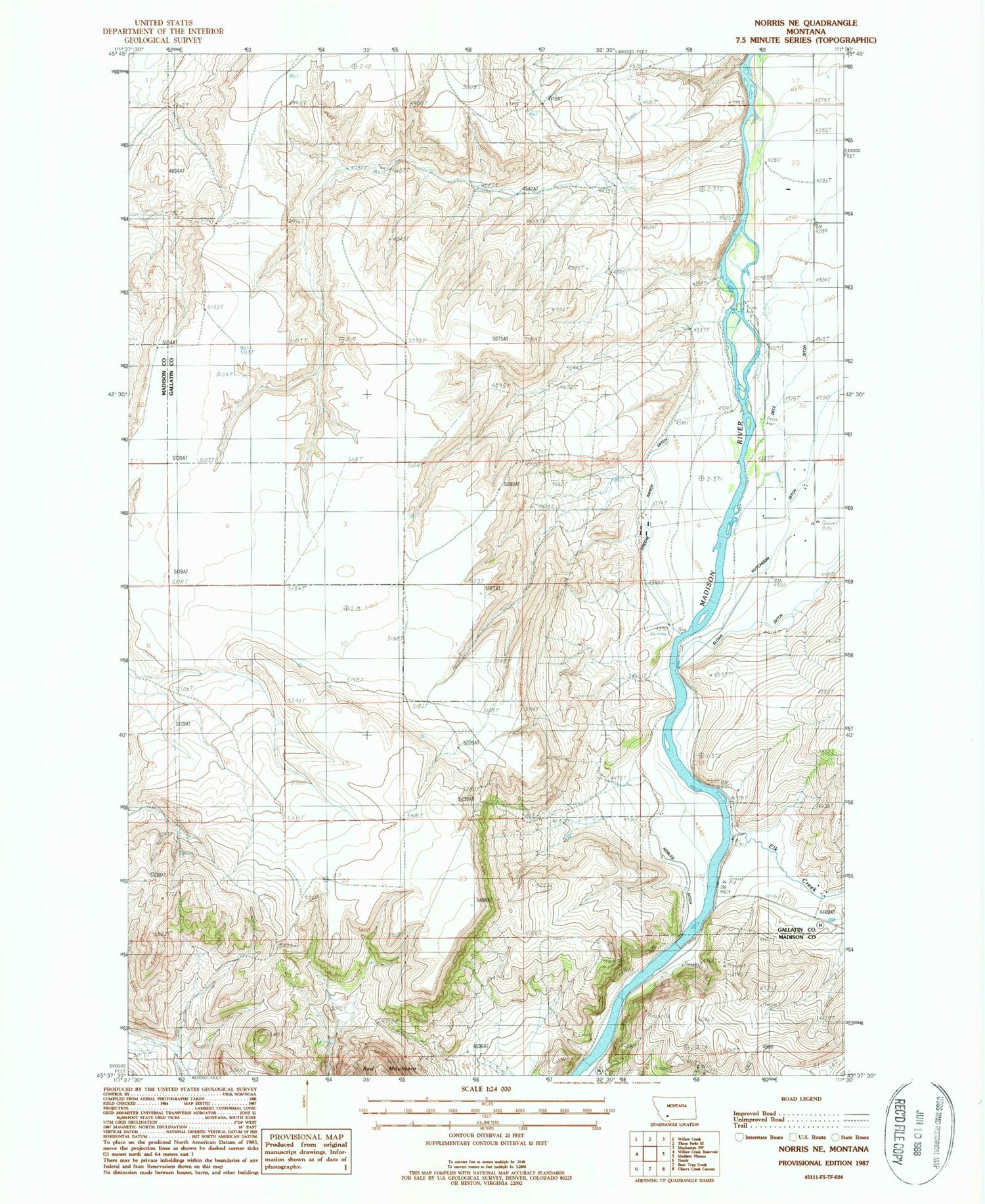 Classic USGS Norris NE Montana 7.5'x7.5' Topo Map Image