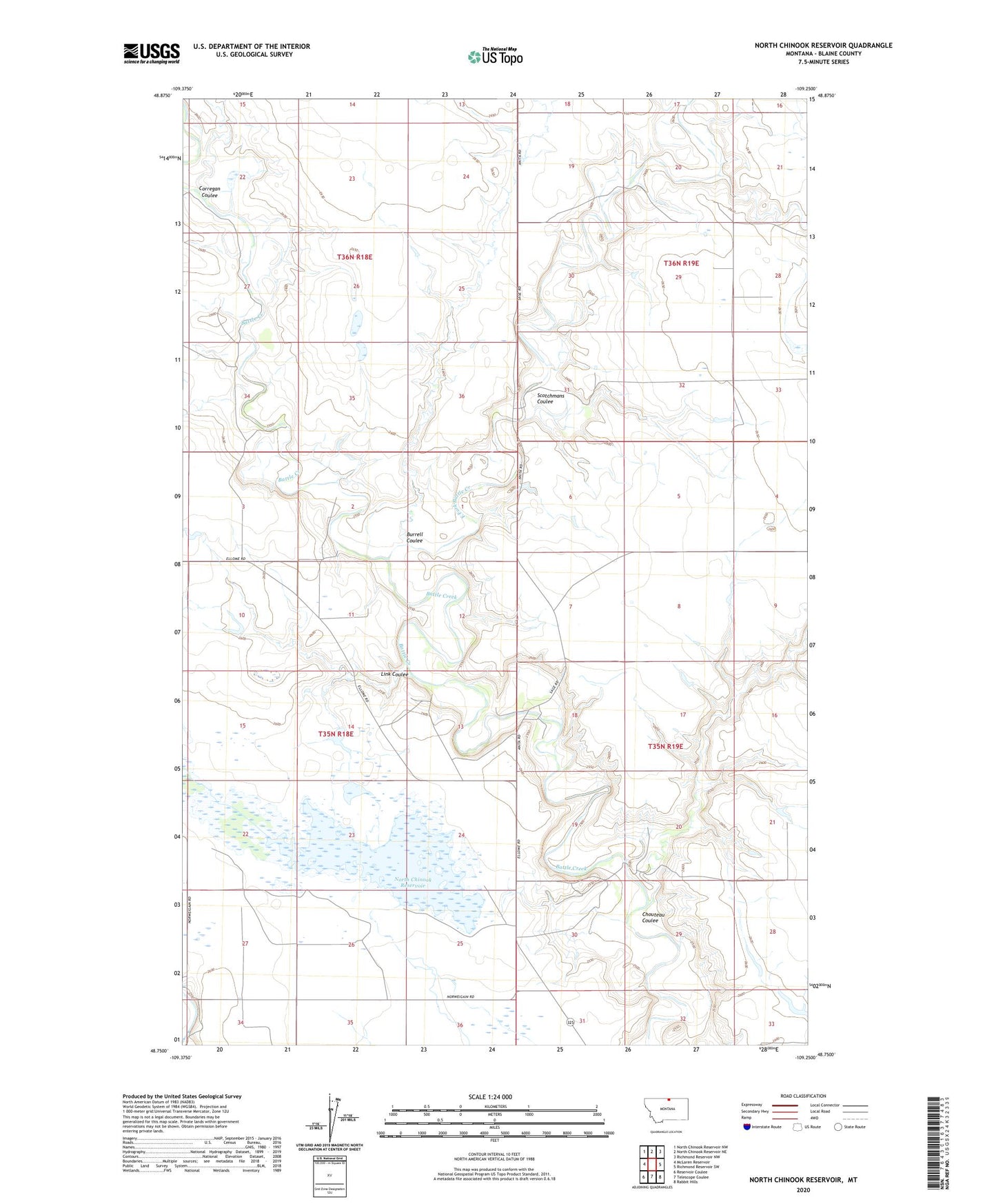 North Chinook Reservoir Montana US Topo Map Image