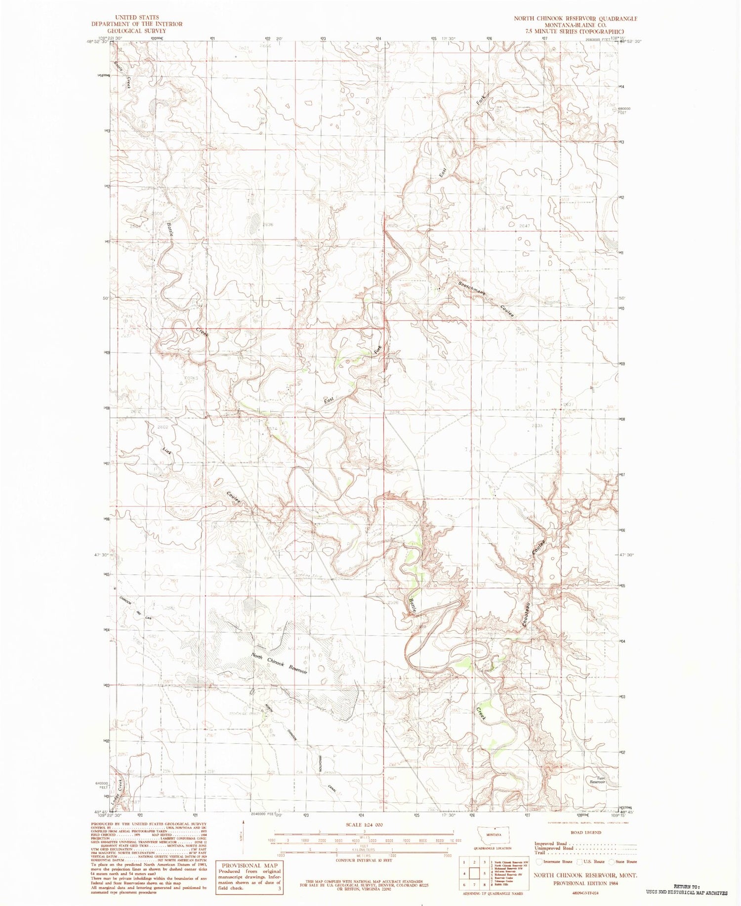 Classic USGS North Chinook Reservoir Montana 7.5'x7.5' Topo Map Image