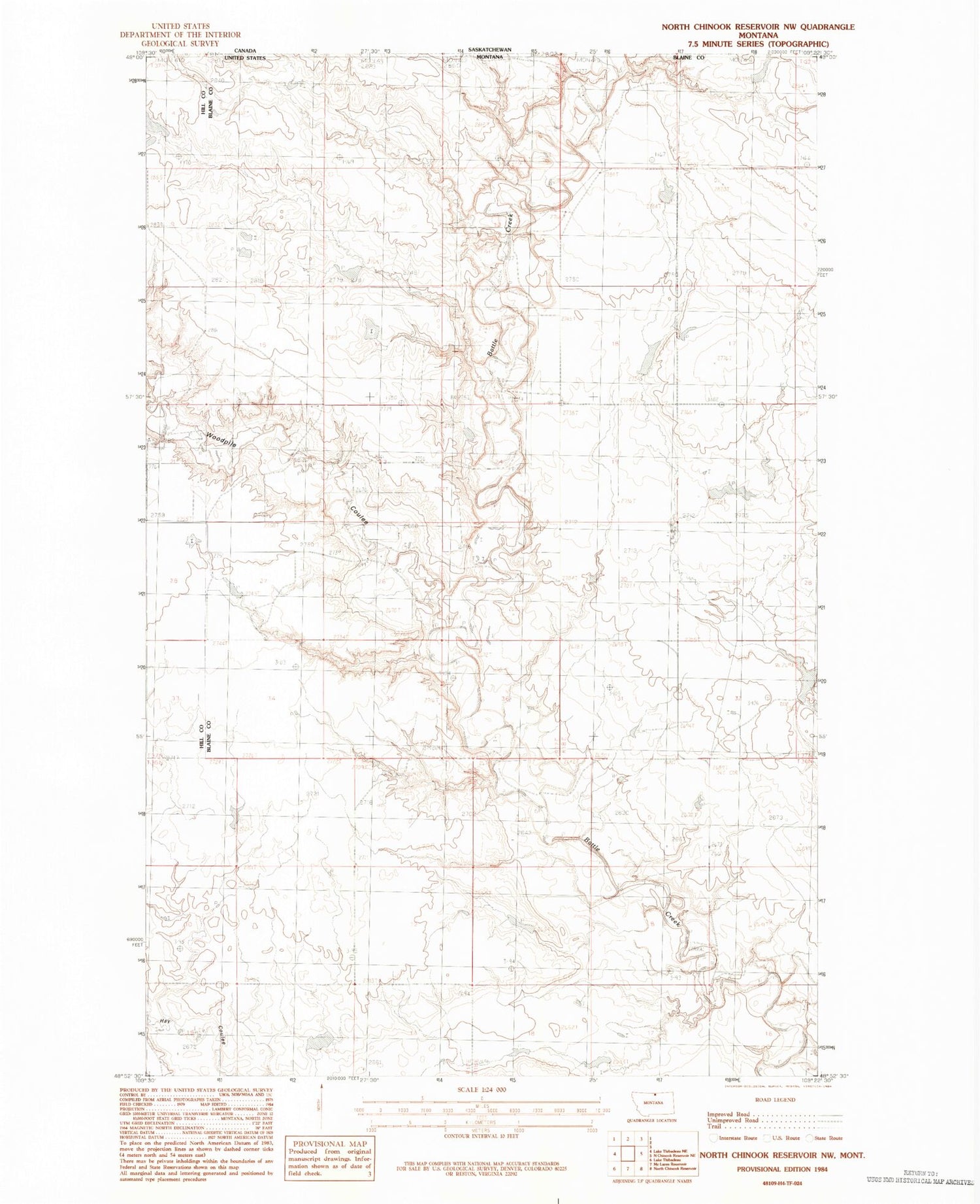 Classic USGS North Chinook Reservoir NW Montana 7.5'x7.5' Topo Map Image