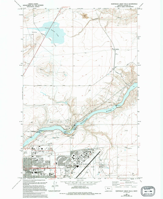 Classic USGS Northeast Great Falls Montana 7.5'x7.5' Topo Map Image