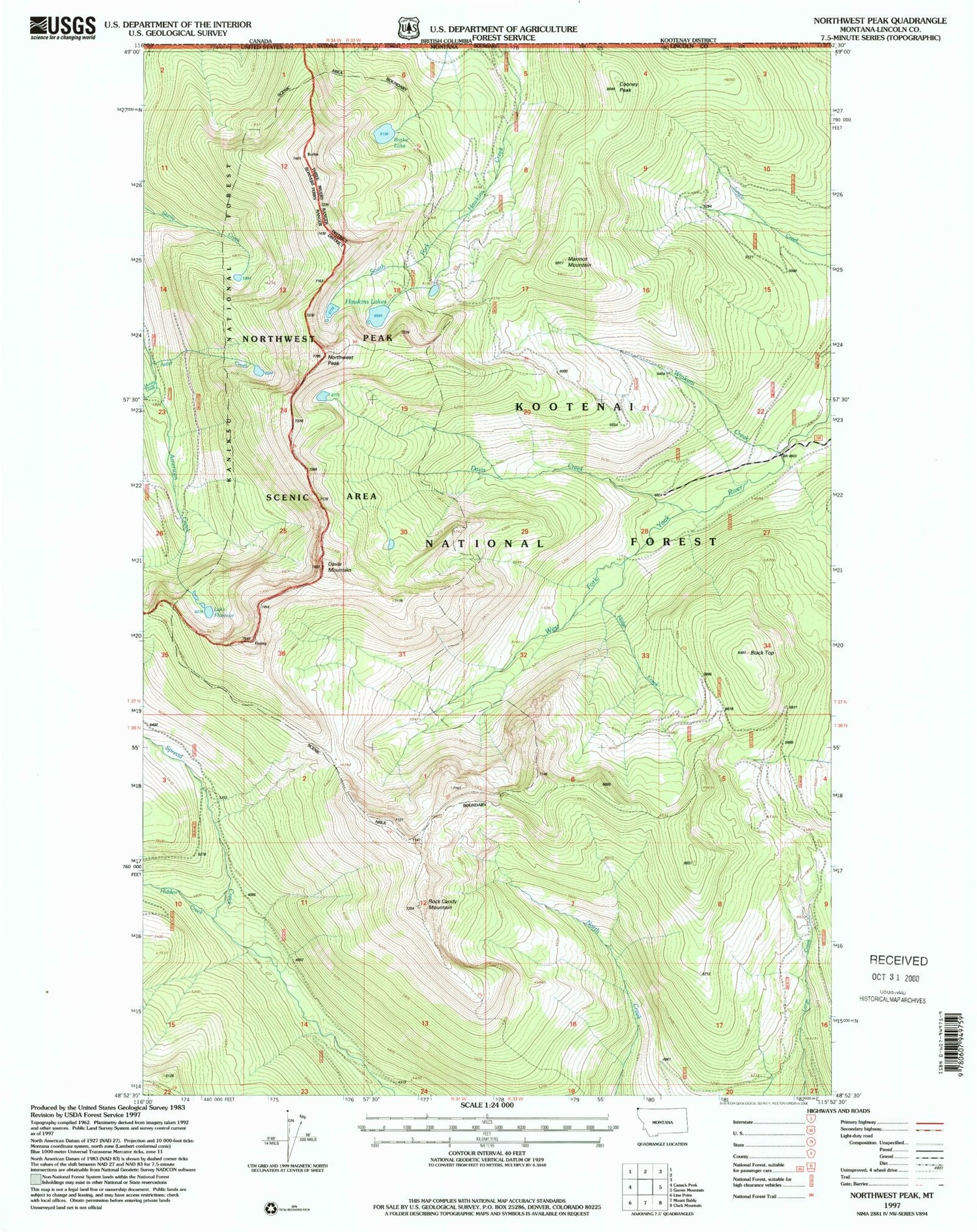 Classic USGS Northwest Peak Montana 7.5'x7.5' Topo Map Image