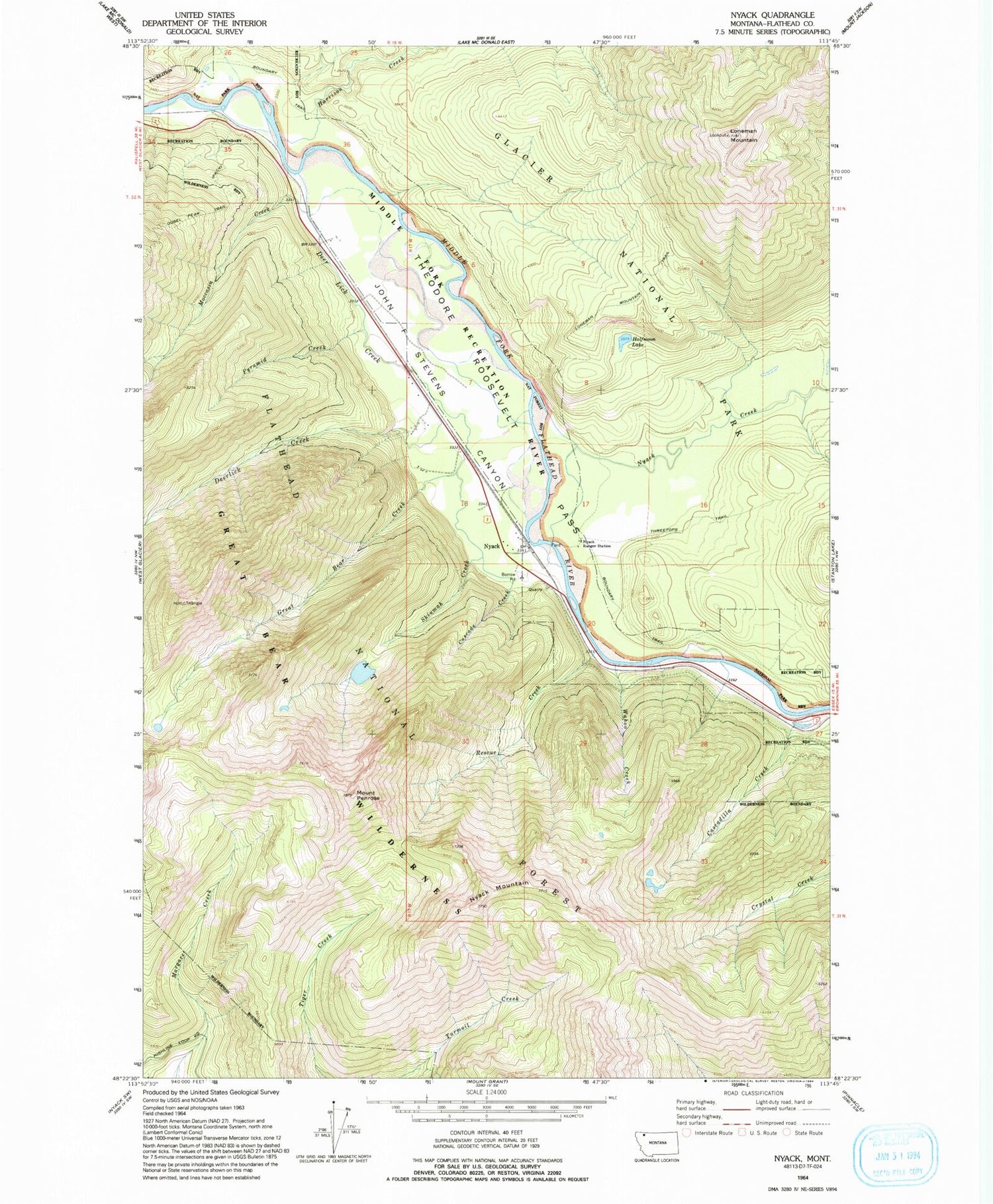 Classic USGS Nyack Montana 7.5'x7.5' Topo Map Image