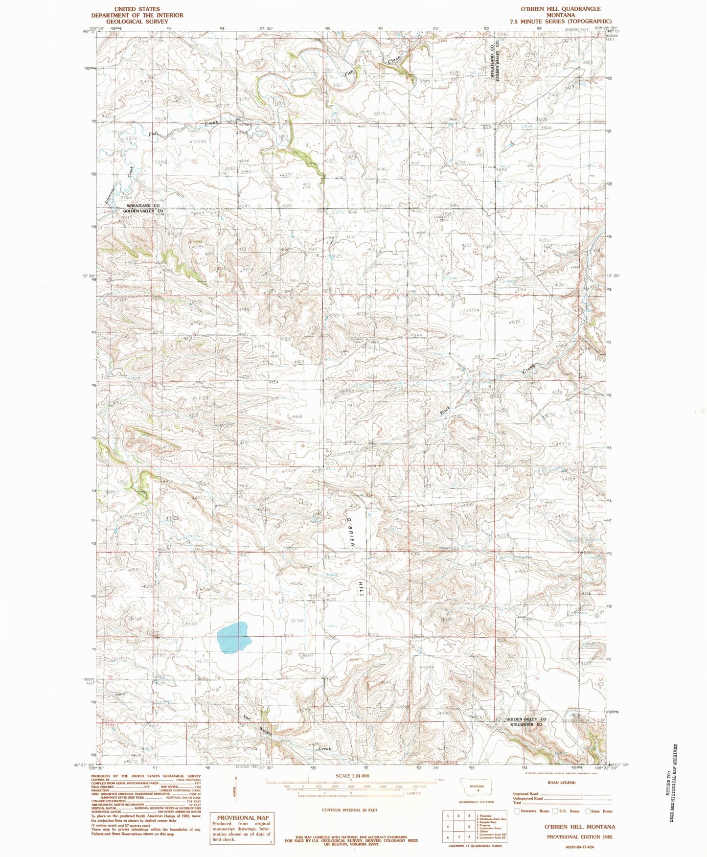 Classic USGS O'Brien Hill Montana 7.5'x7.5' Topo Map Image
