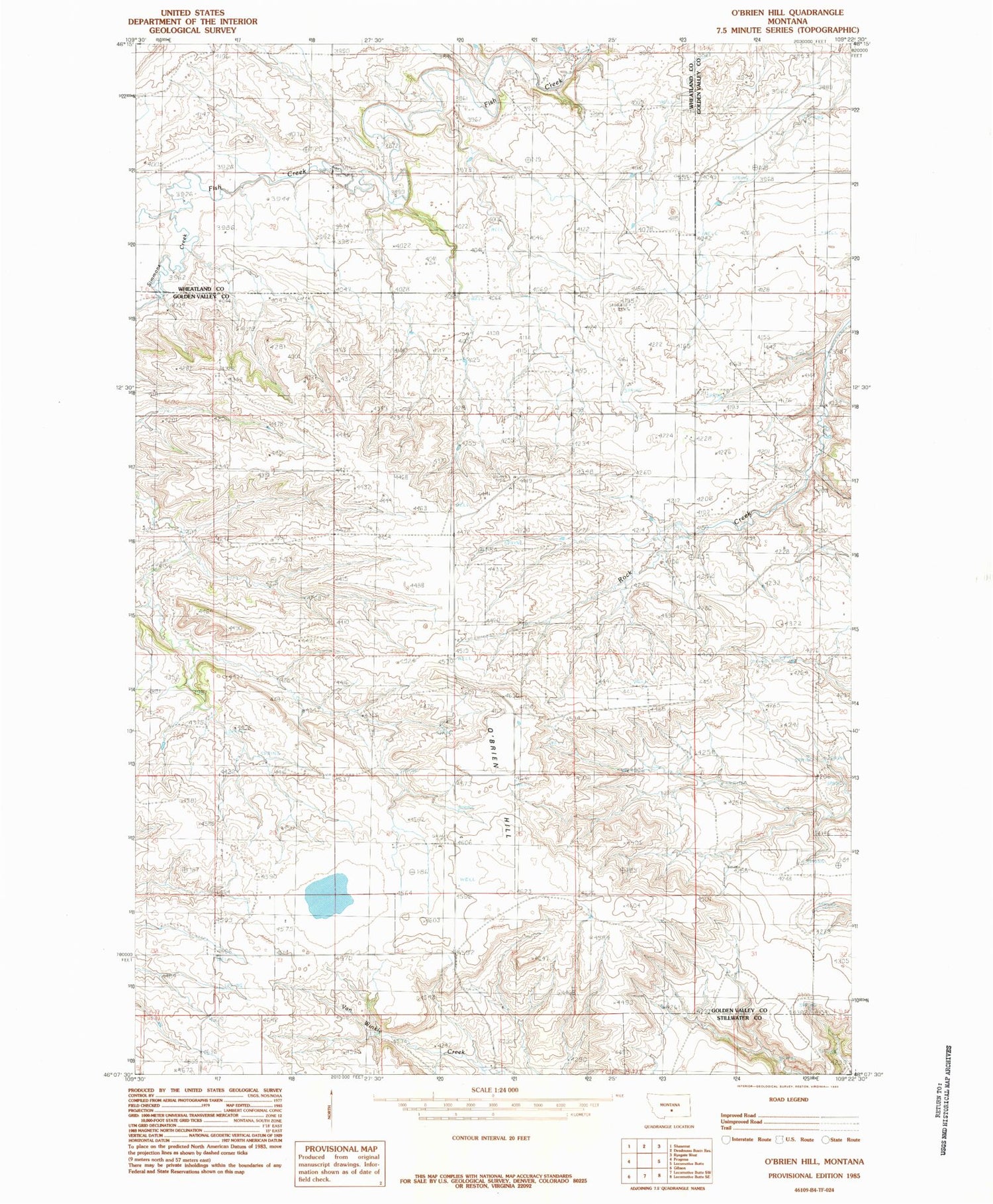 Classic USGS O'Brien Hill Montana 7.5'x7.5' Topo Map Image