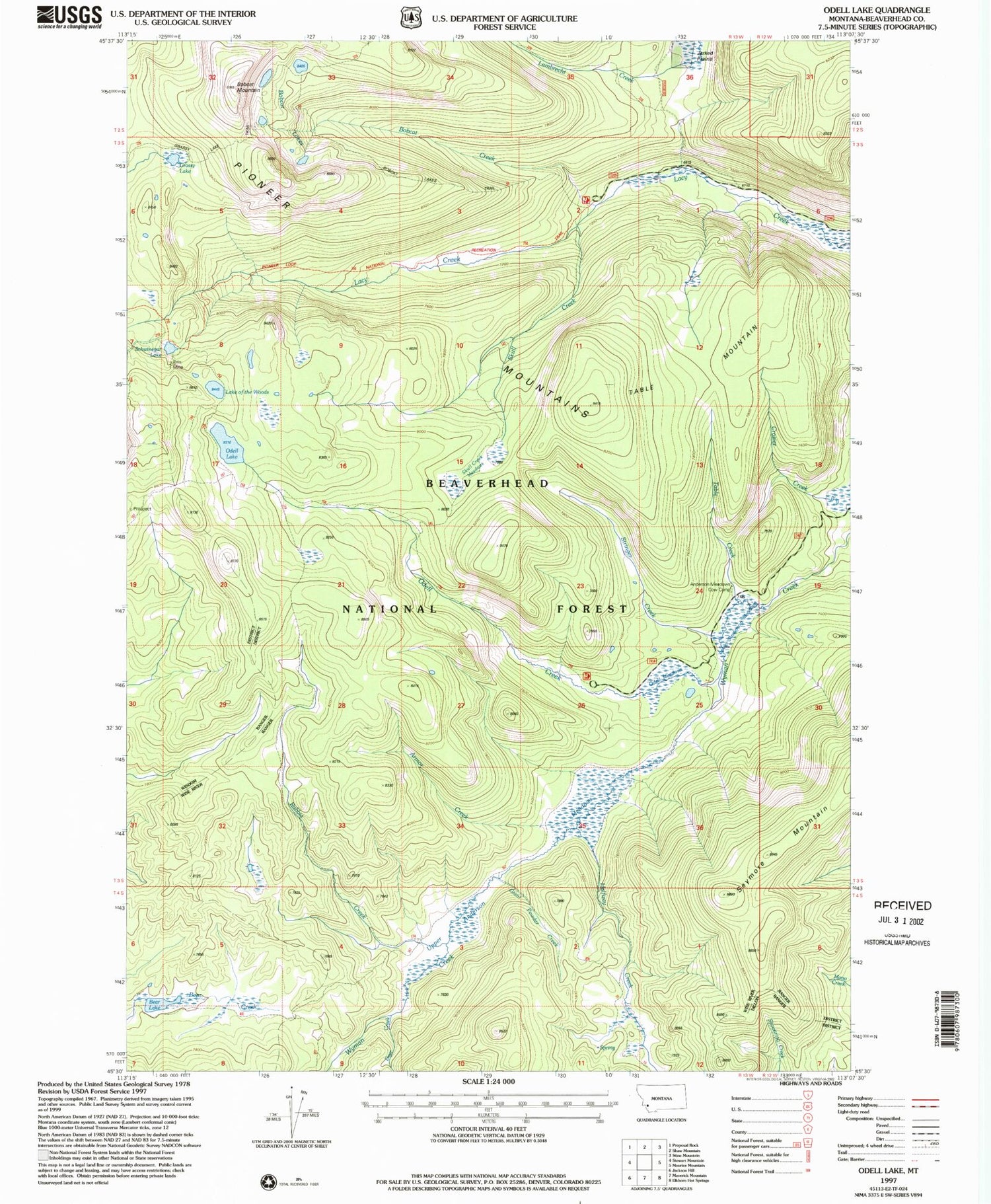 Classic USGS Odell Lake Montana 7.5'x7.5' Topo Map Image