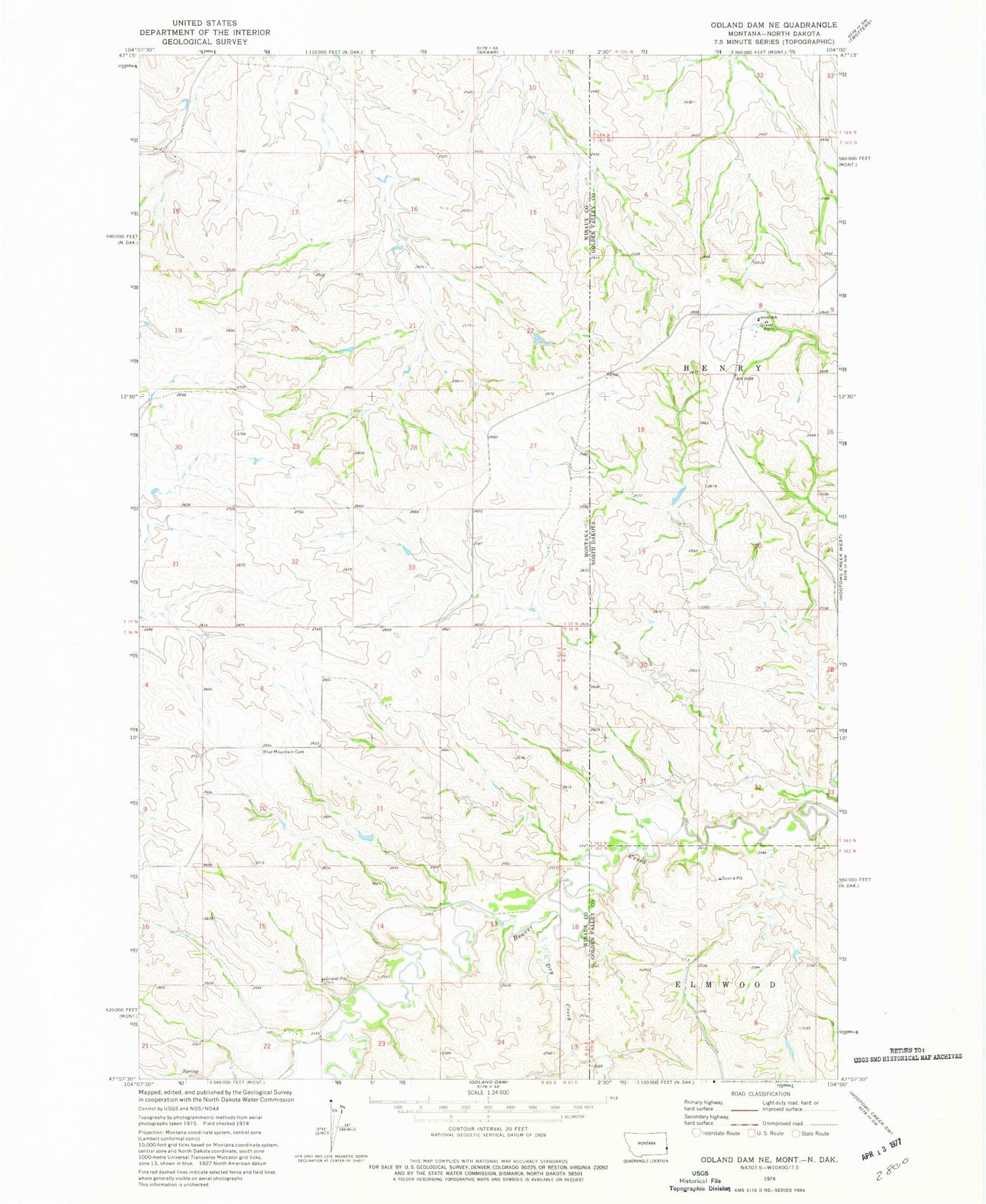Classic USGS Odland Dam NE Montana 7.5'x7.5' Topo Map Image