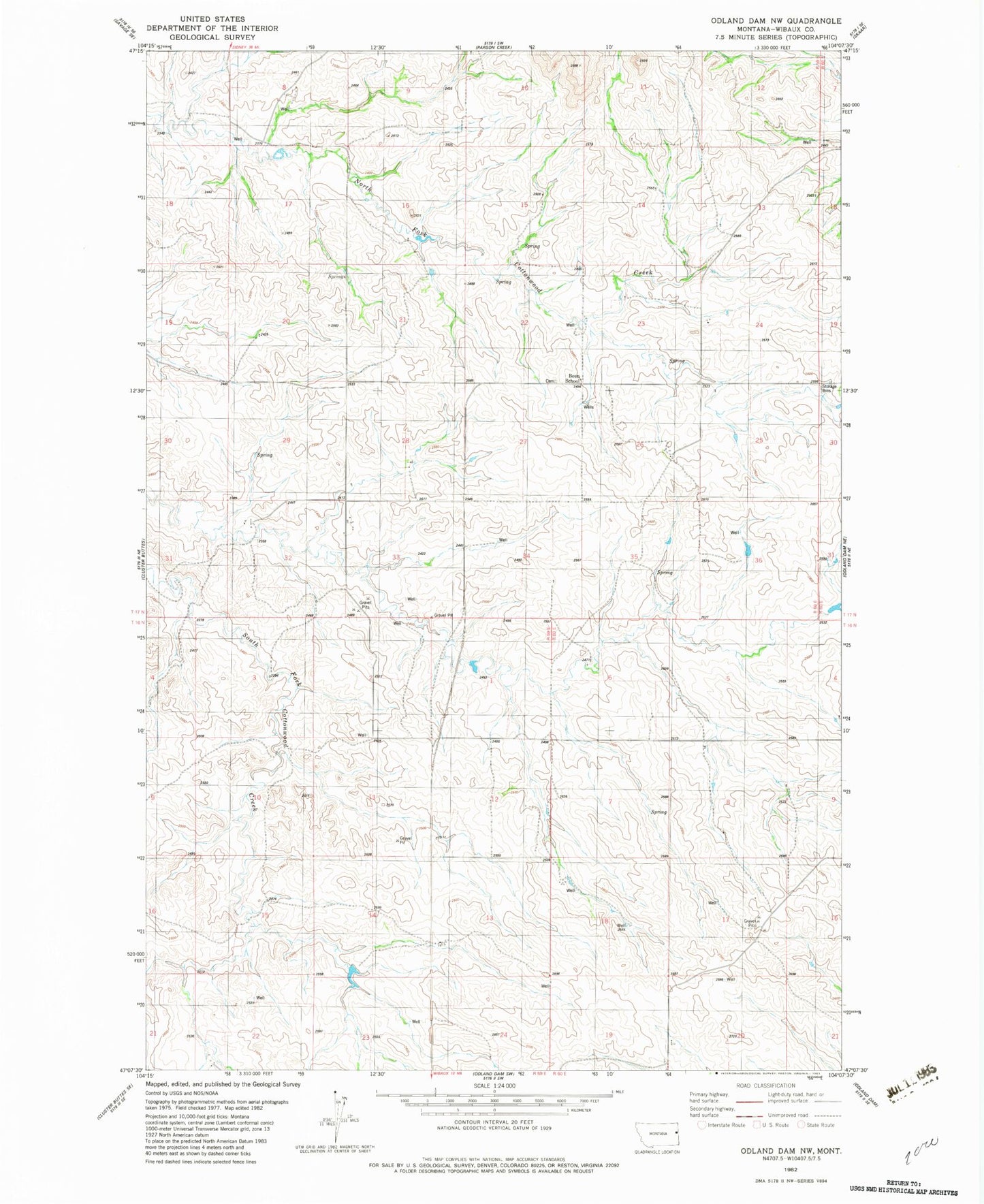 Classic USGS Odland Dam NW Montana 7.5'x7.5' Topo Map Image