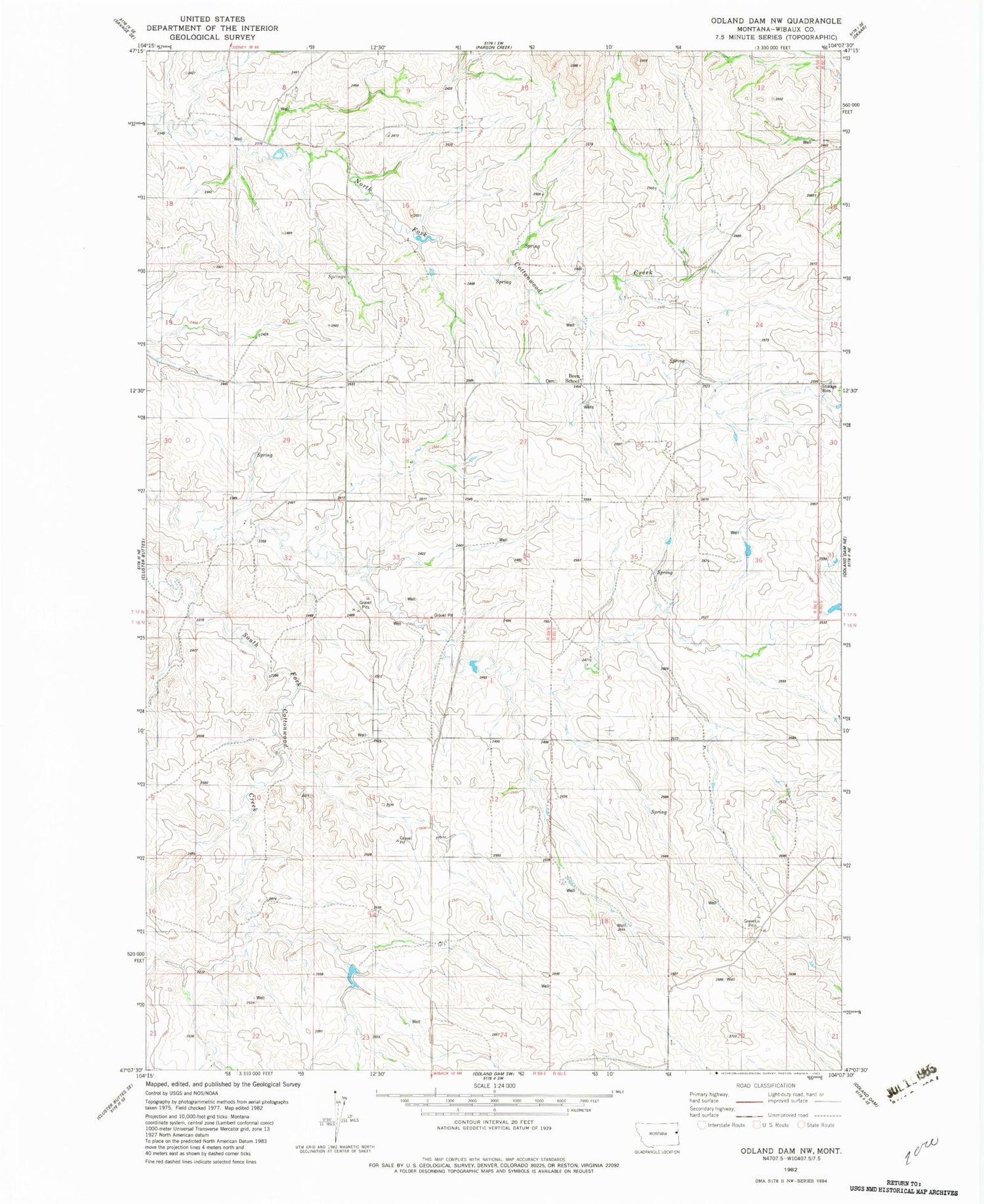 Classic USGS Odland Dam NW Montana 7.5'x7.5' Topo Map Image