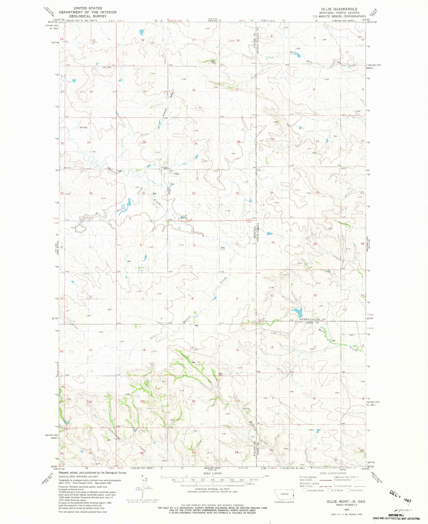 Classic USGS Ollie Montana 7.5'x7.5' Topo Map Image