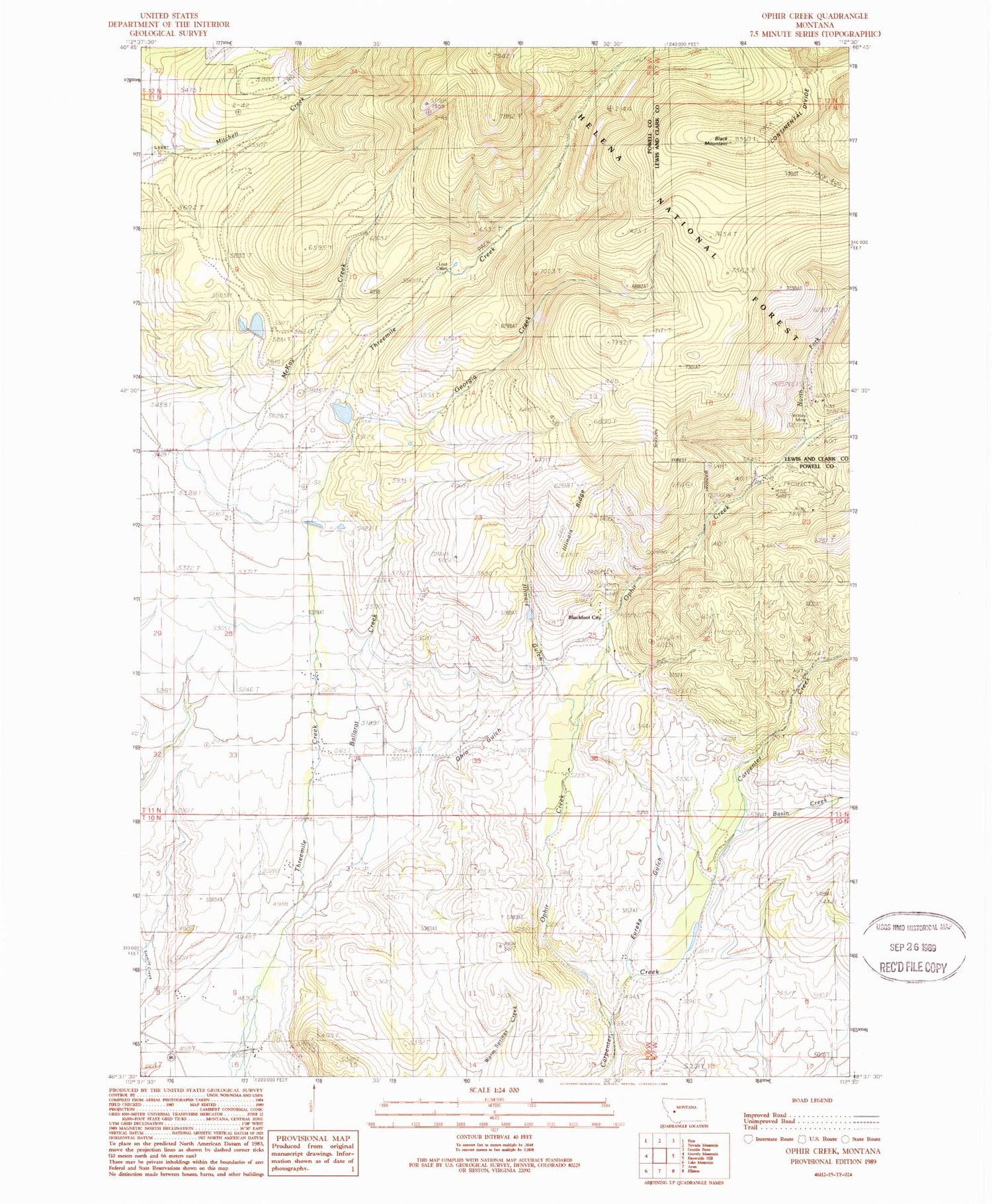 Classic USGS Ophir Creek Montana 7.5'x7.5' Topo Map Image