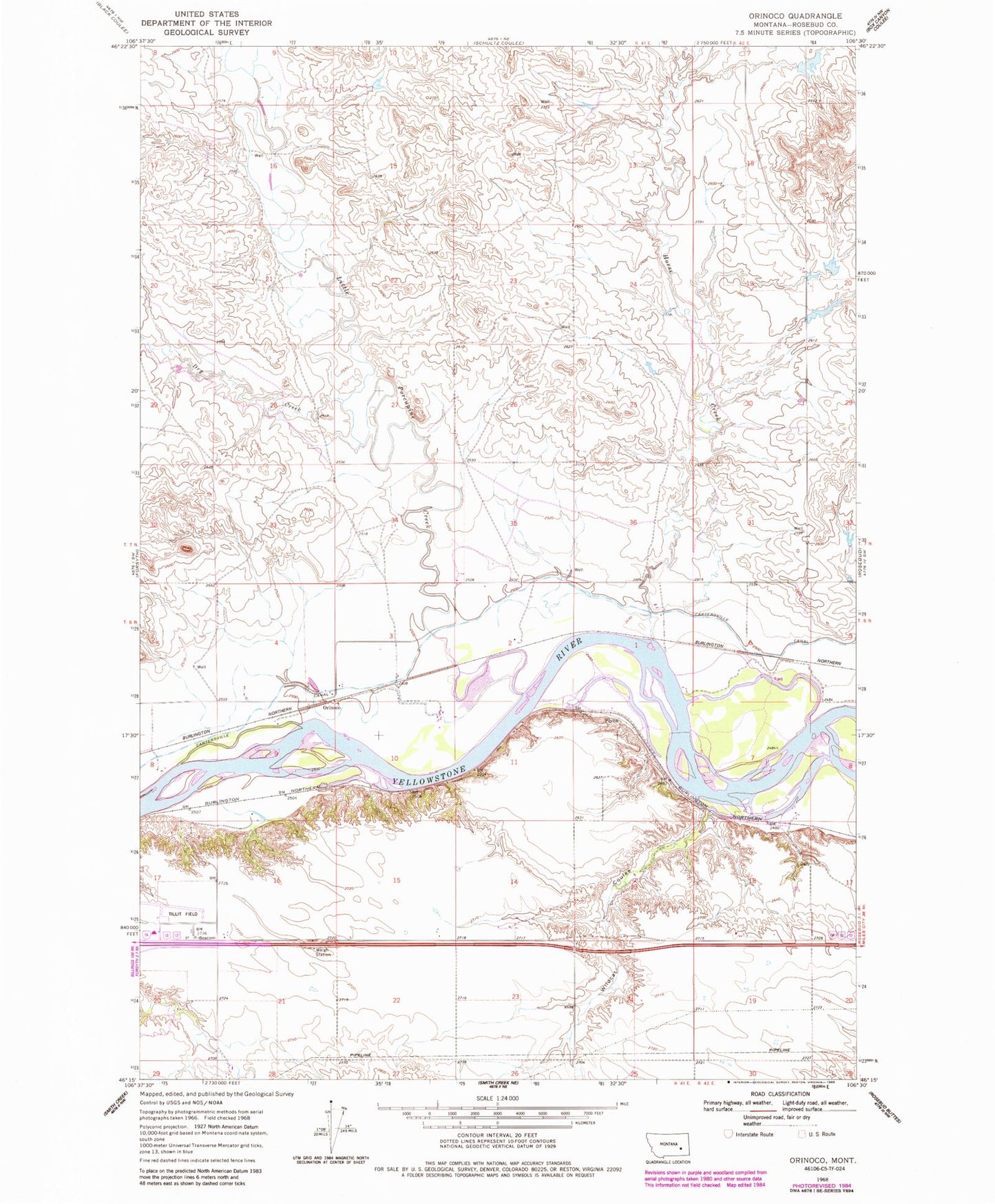 Classic USGS Orinoco Montana 7.5'x7.5' Topo Map Image