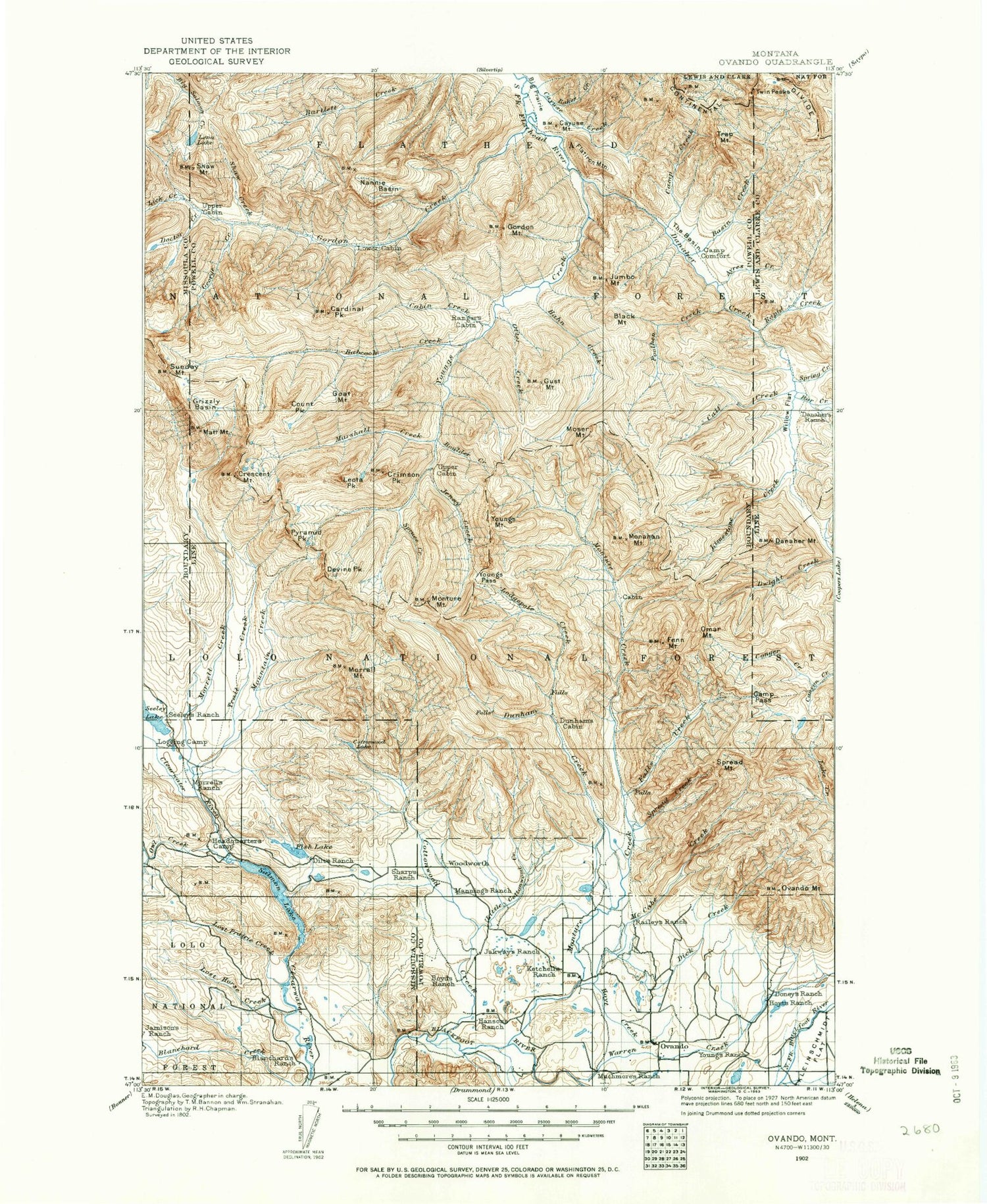 Historic 1902 Ovando Montana 30'x30' Topo Map Image
