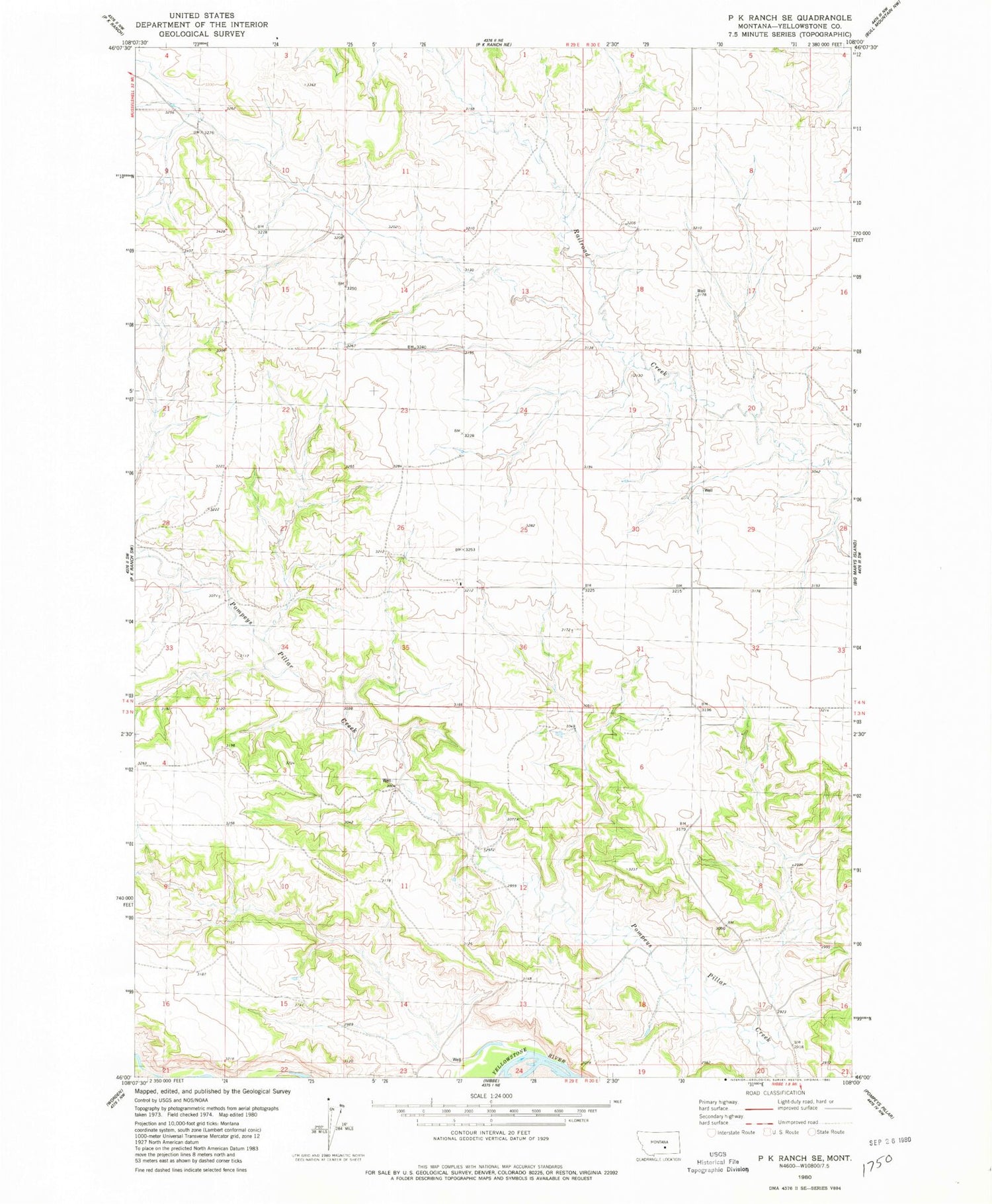 Classic USGS P K Ranch SE Montana 7.5'x7.5' Topo Map Image