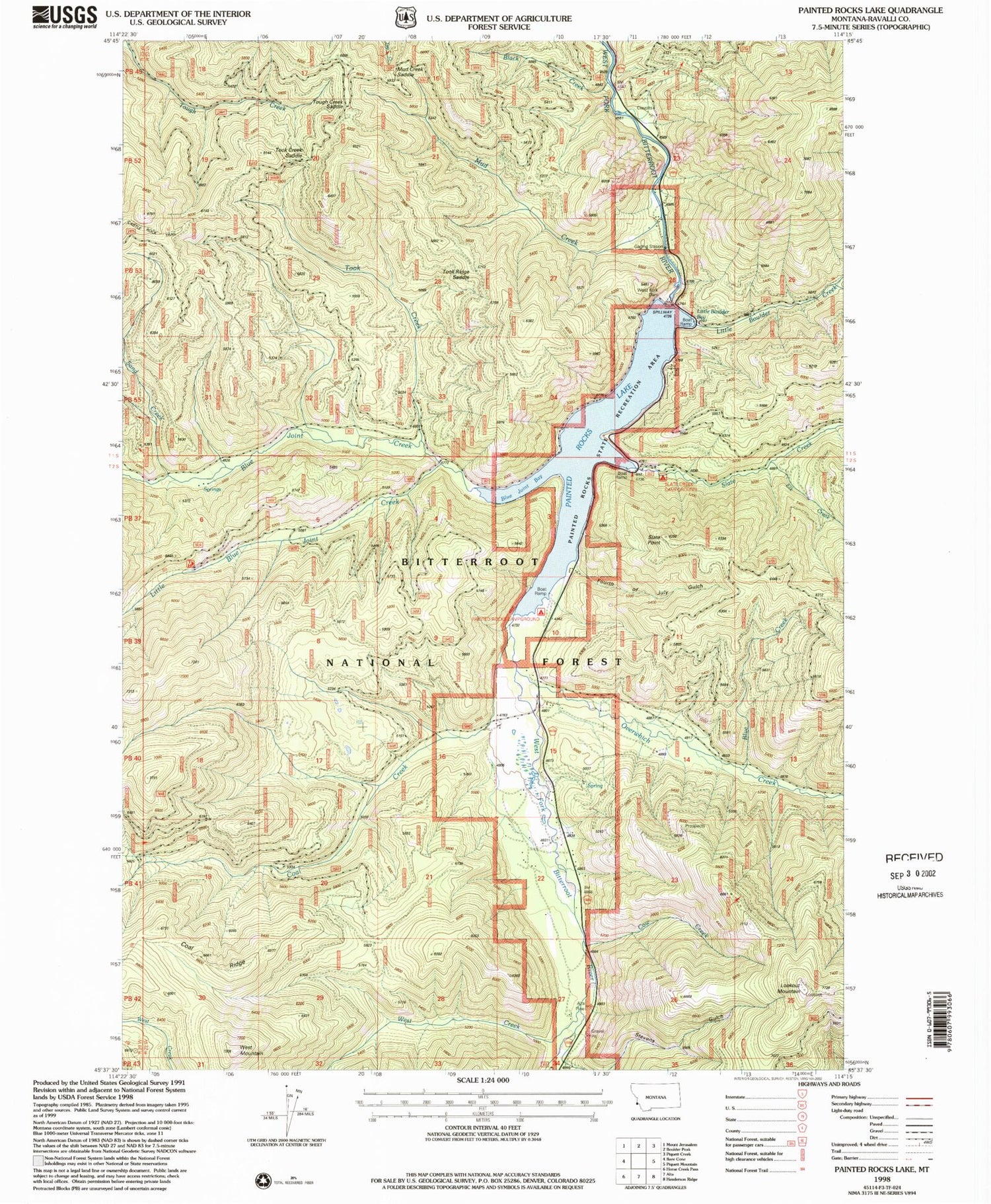 Classic USGS Painted Rocks Lake Montana 7.5'x7.5' Topo Map Image