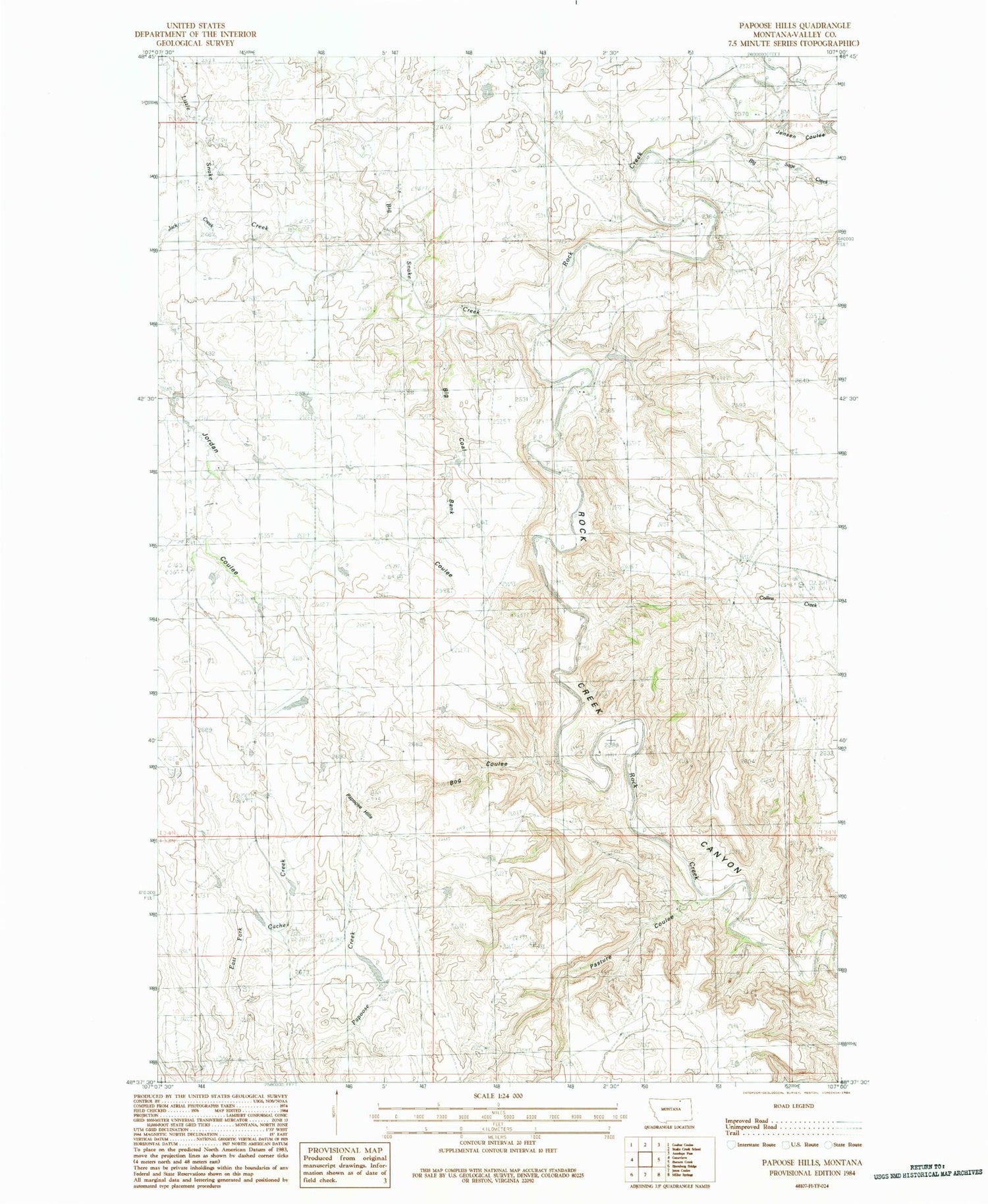Classic USGS Papoose Hills Montana 7.5'x7.5' Topo Map Image
