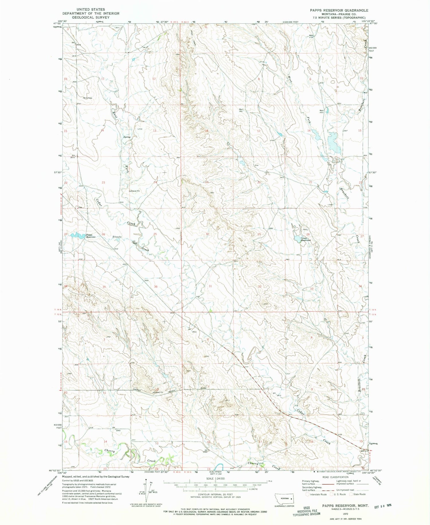 Classic USGS Papps Reservoir Montana 7.5'x7.5' Topo Map Image