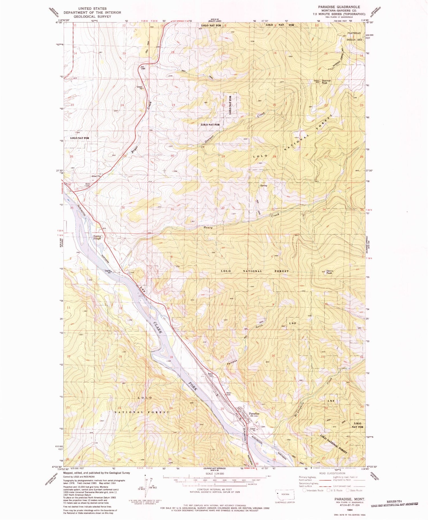 Classic USGS Paradise Montana 7.5'x7.5' Topo Map Image