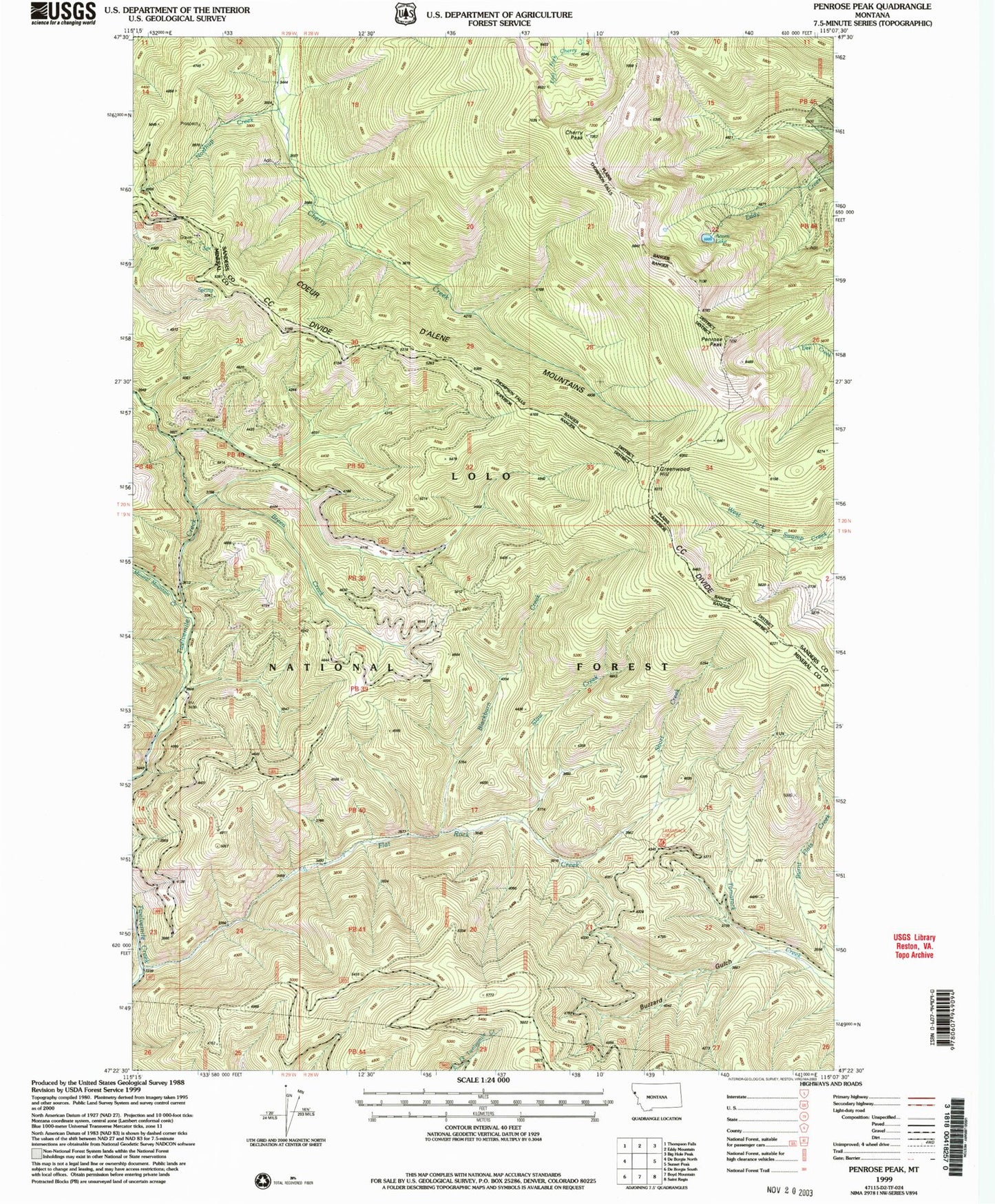 Classic USGS Penrose Peak Montana 7.5'x7.5' Topo Map Image