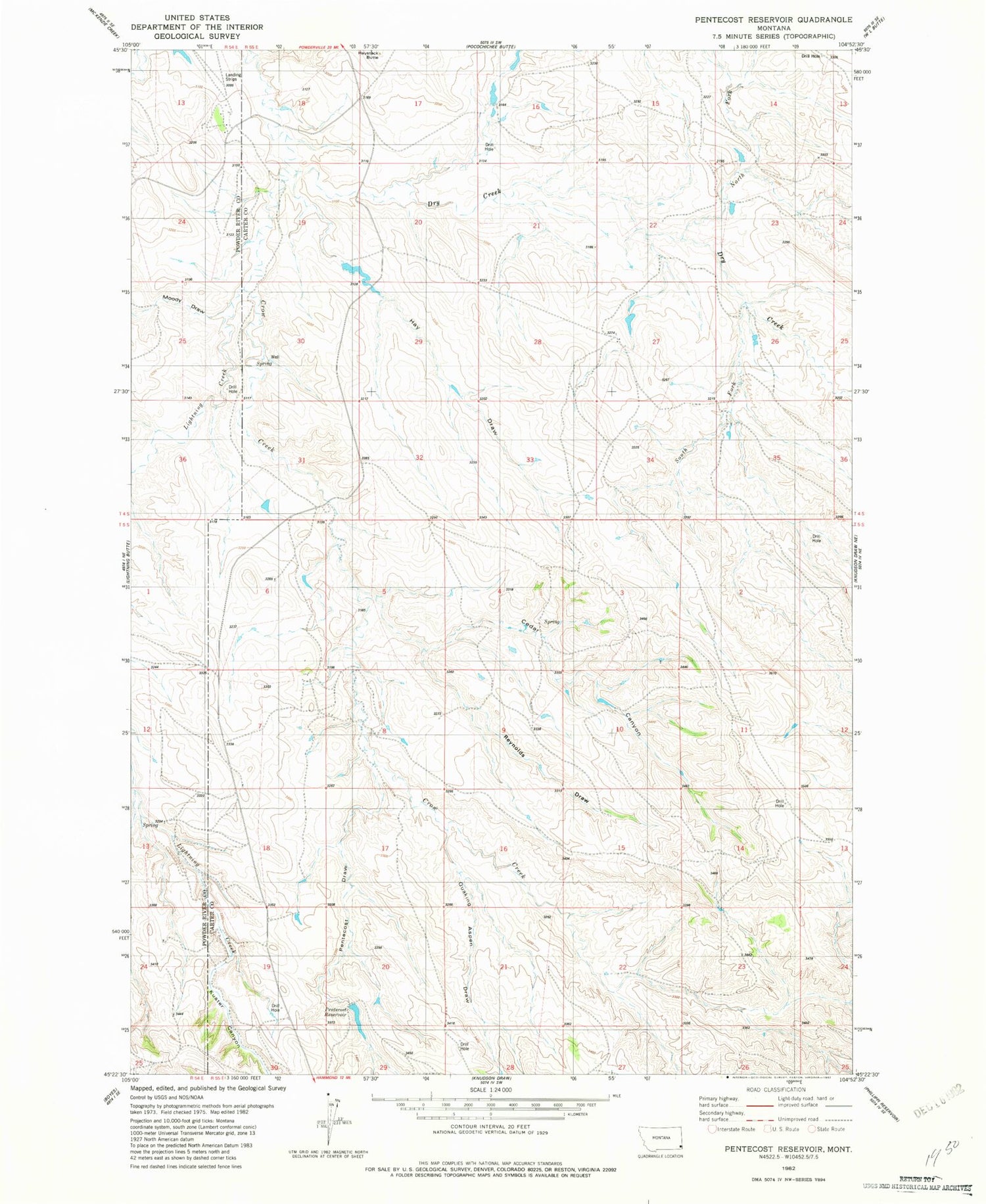 Classic USGS Pentecost Reservoir Montana 7.5'x7.5' Topo Map Image
