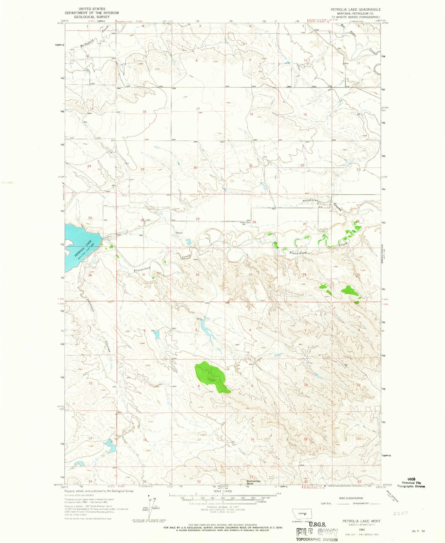Classic USGS Petrolia Lake Montana 7.5'x7.5' Topo Map Image