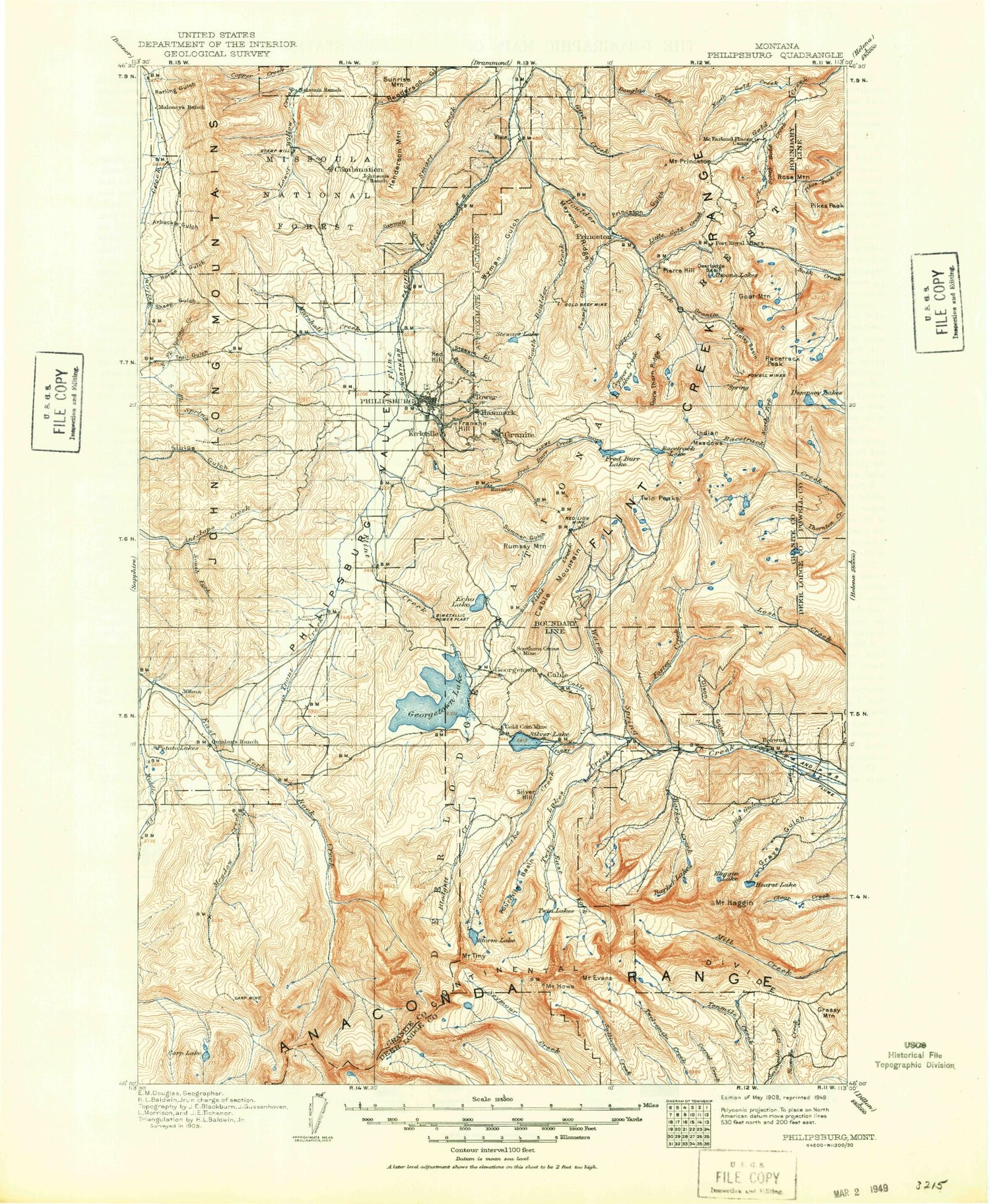 Historic 1908 Philipsburg Montana 30'x30' Topo Map Image