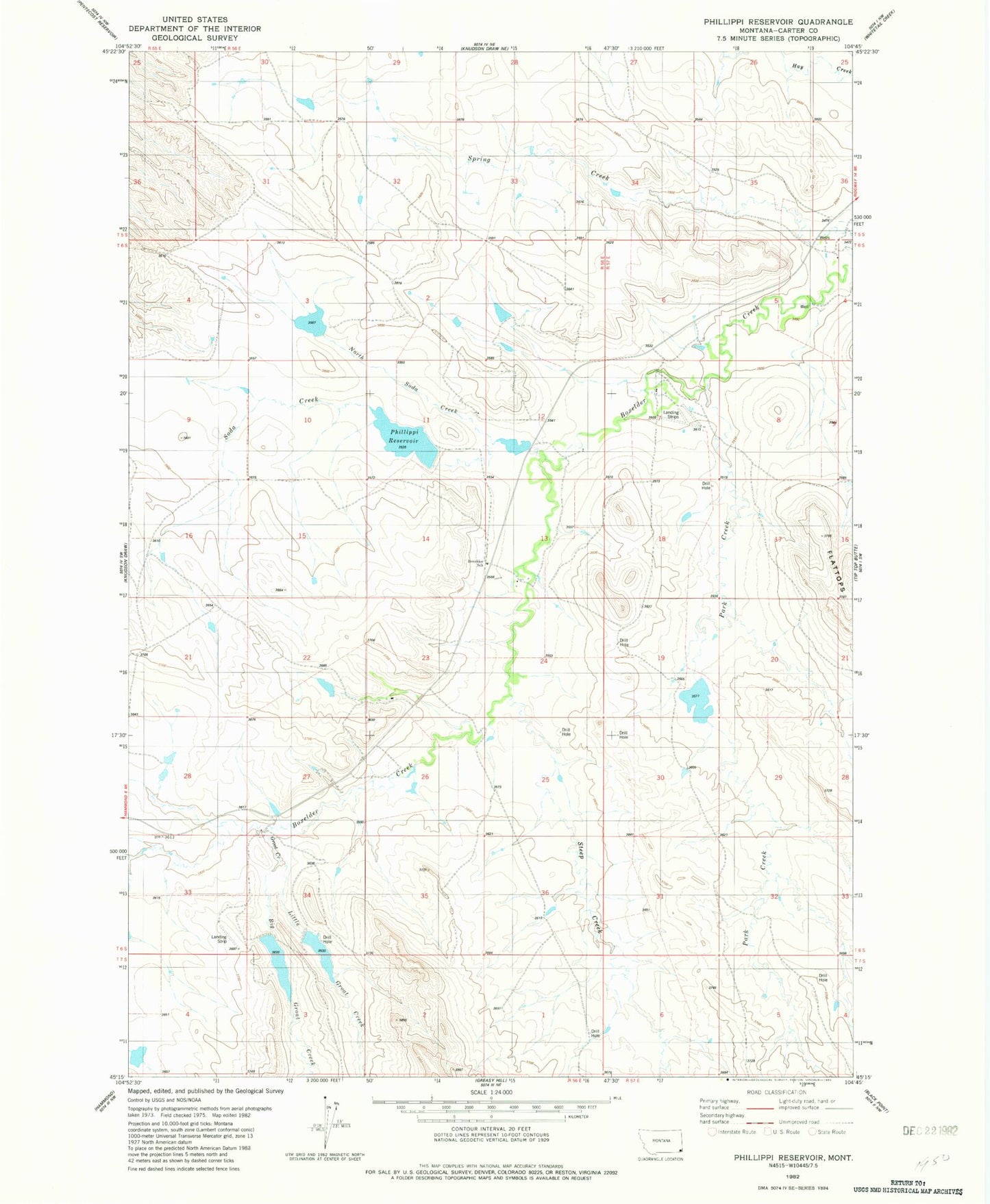 Classic USGS Phillippi Reservoir Montana 7.5'x7.5' Topo Map Image