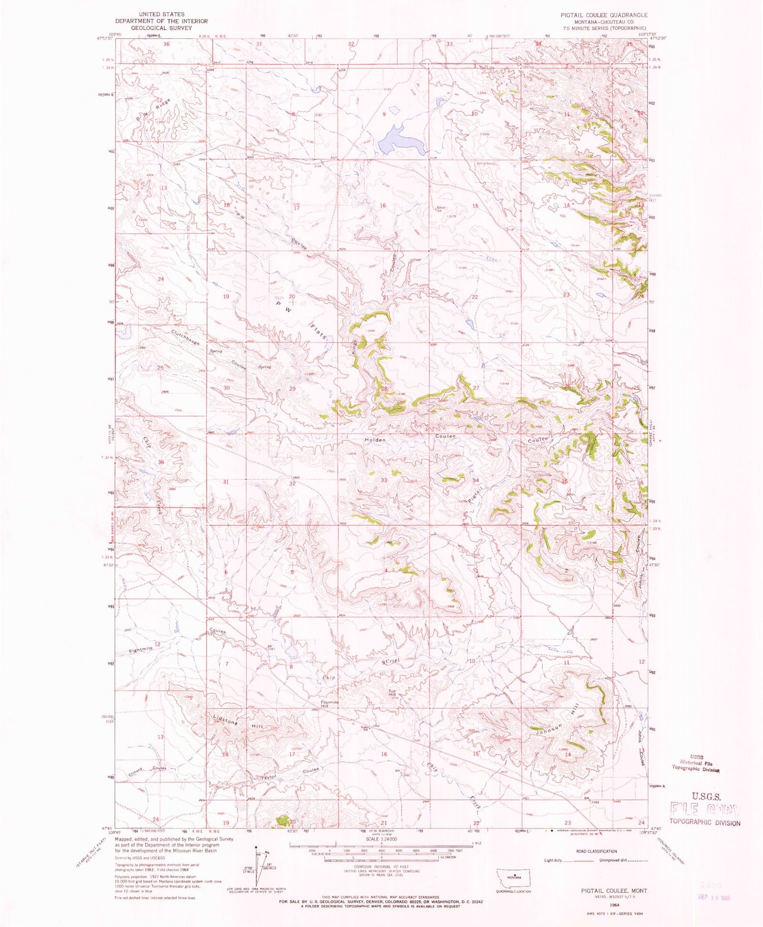Classic USGS Pigtail Coulee Montana 7.5'x7.5' Topo Map Image