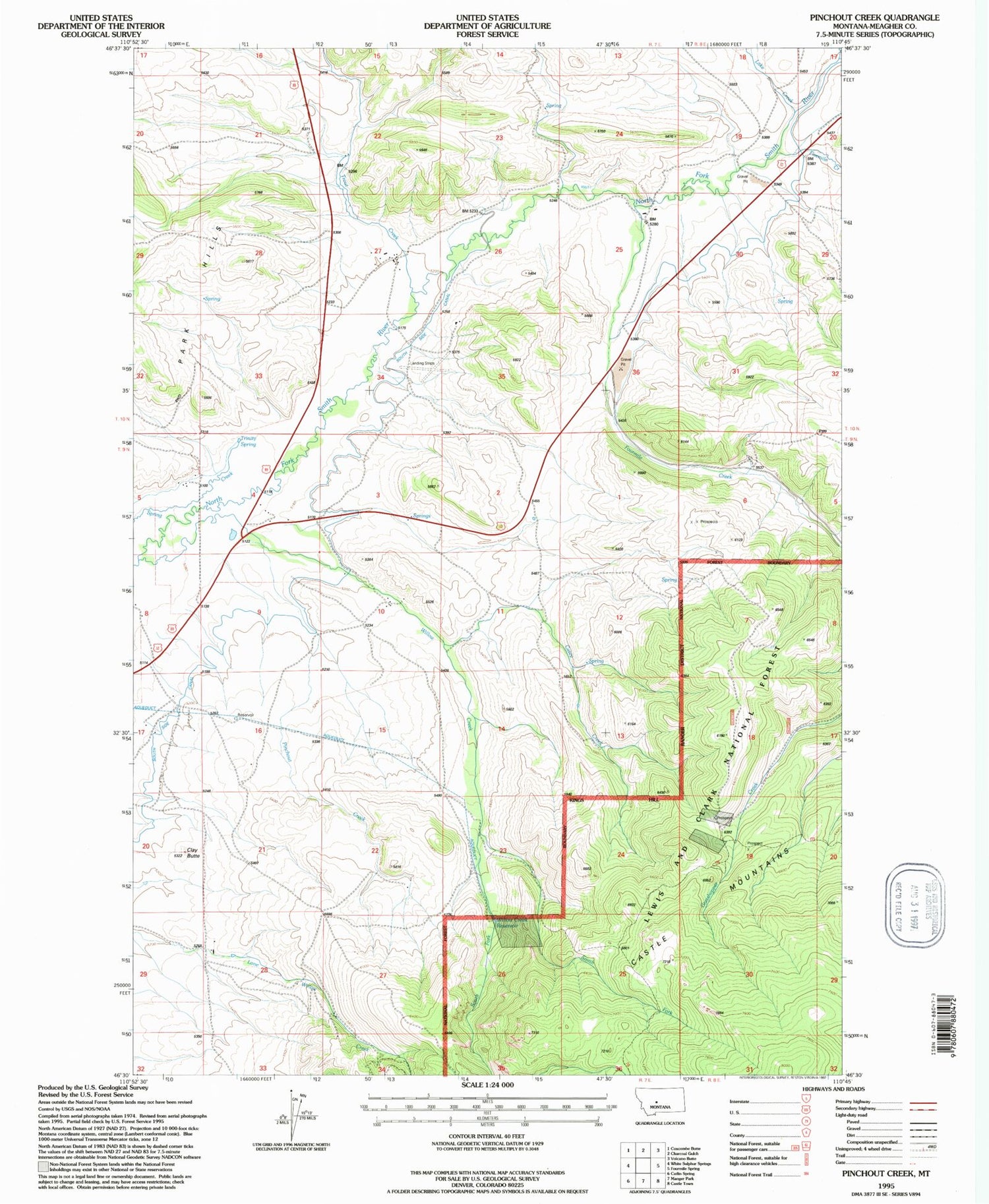 Classic USGS Pinchout Creek Montana 7.5'x7.5' Topo Map Image