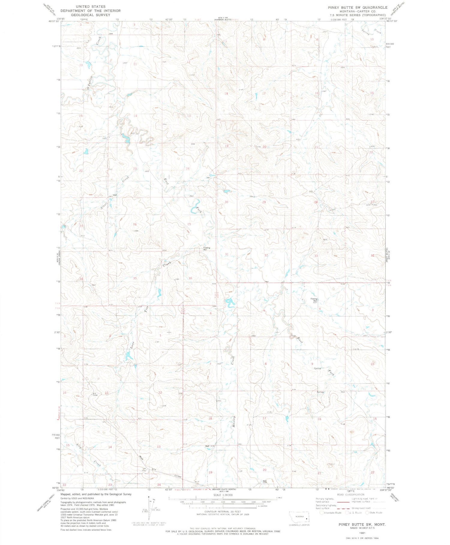 Classic USGS Piney Butte SW Montana 7.5'x7.5' Topo Map Image