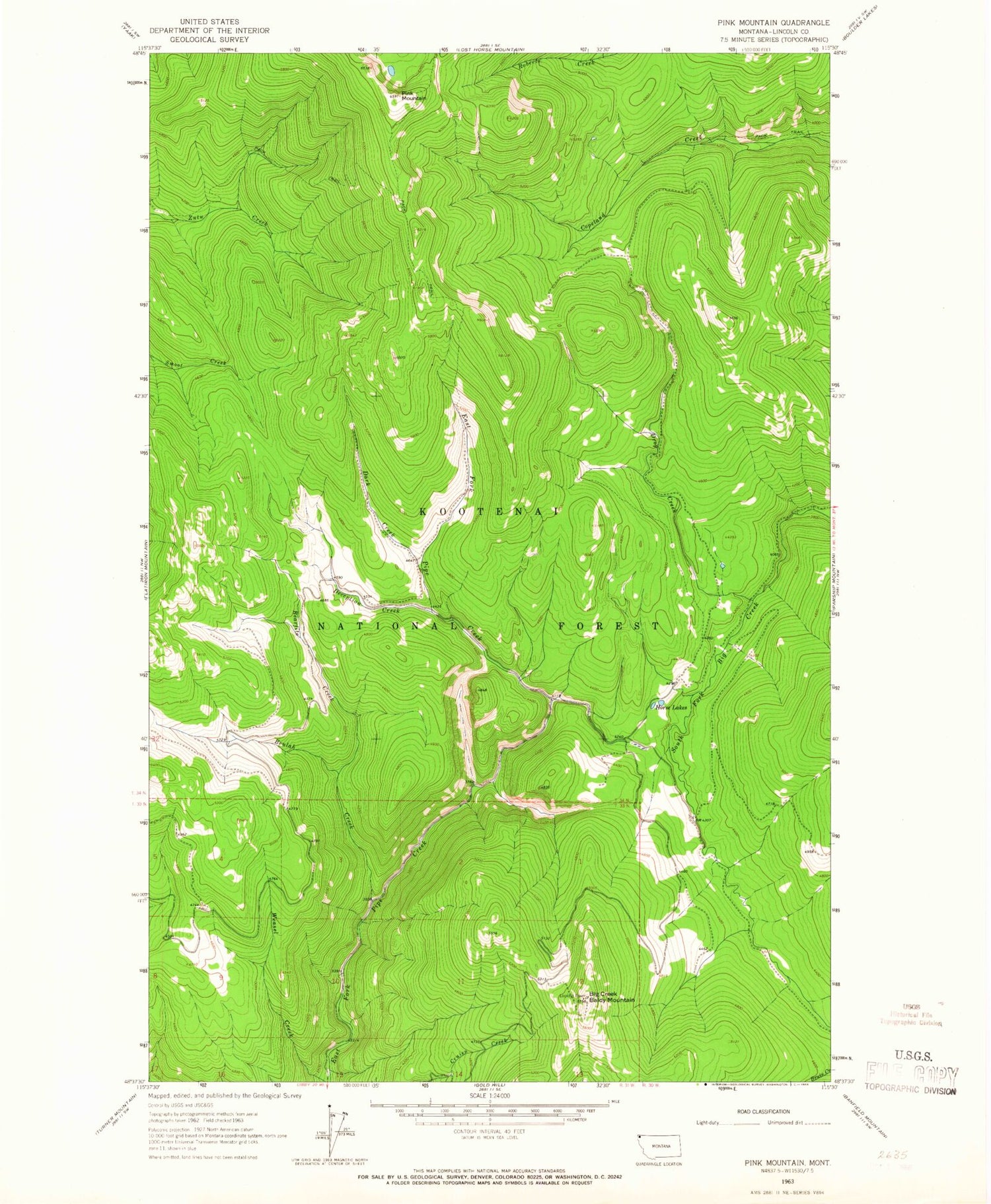Classic USGS Pink Mountain Montana 7.5'x7.5' Topo Map Image
