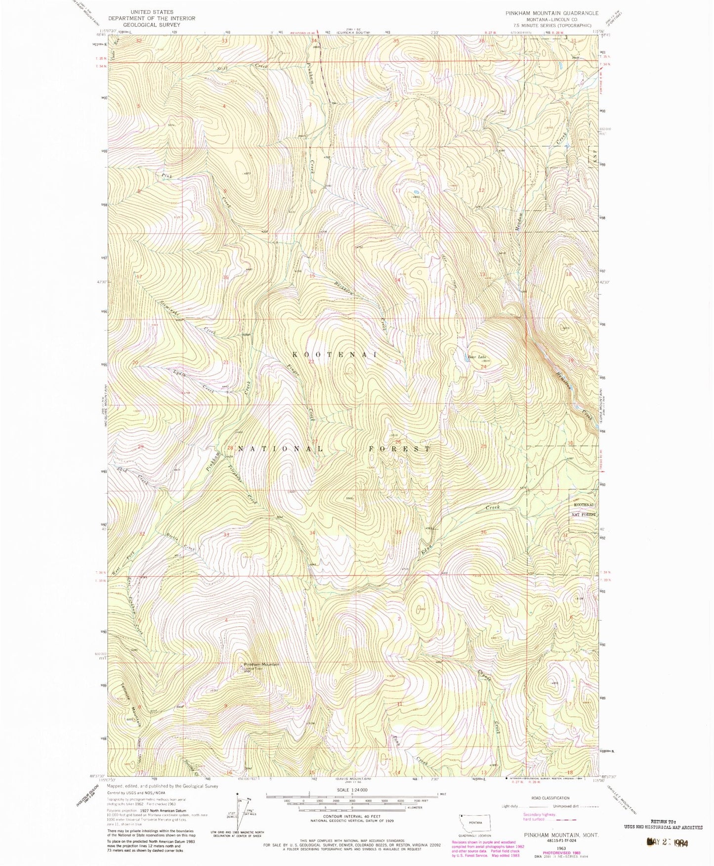 Classic USGS Pinkham Mountain Montana 7.5'x7.5' Topo Map Image