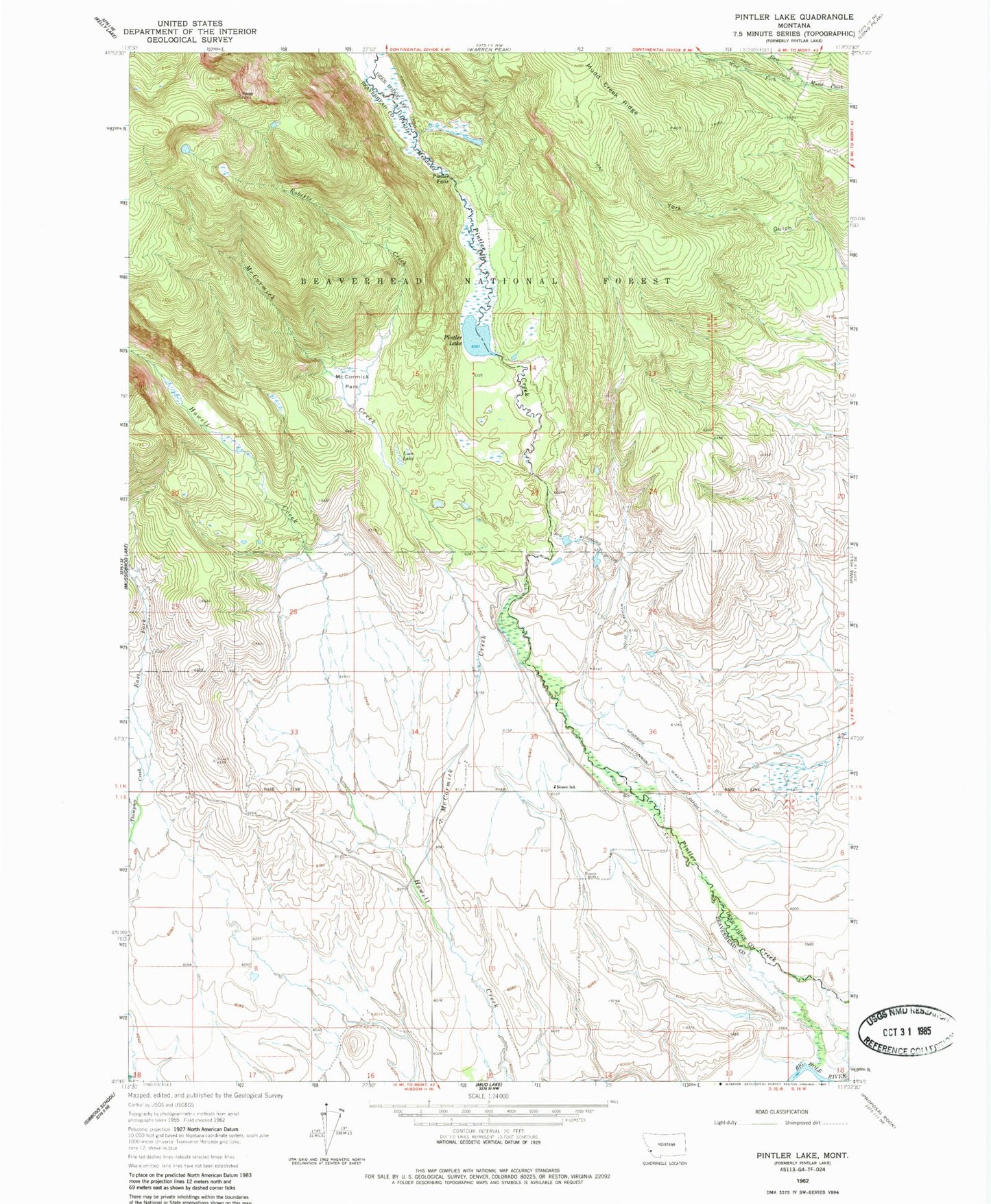 Classic USGS Pintler Lake Montana 7.5'x7.5' Topo Map Image