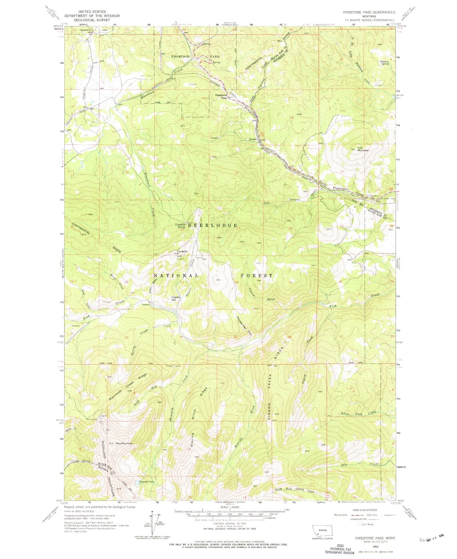 Classic USGS Pipestone Pass Montana 7.5'x7.5' Topo Map Image