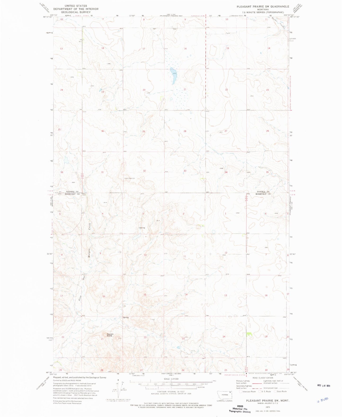 Classic USGS Pleasant Prairie SW Montana 7.5'x7.5' Topo Map Image