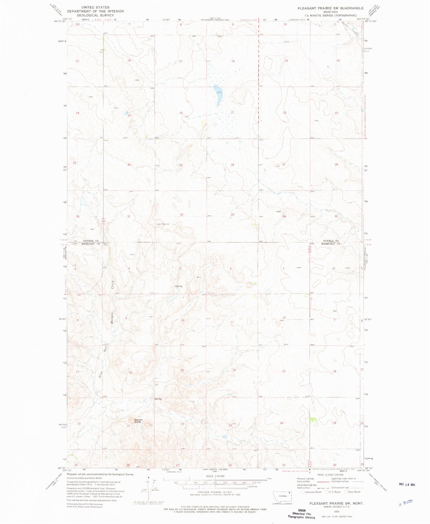 Classic USGS Pleasant Prairie SW Montana 7.5'x7.5' Topo Map Image