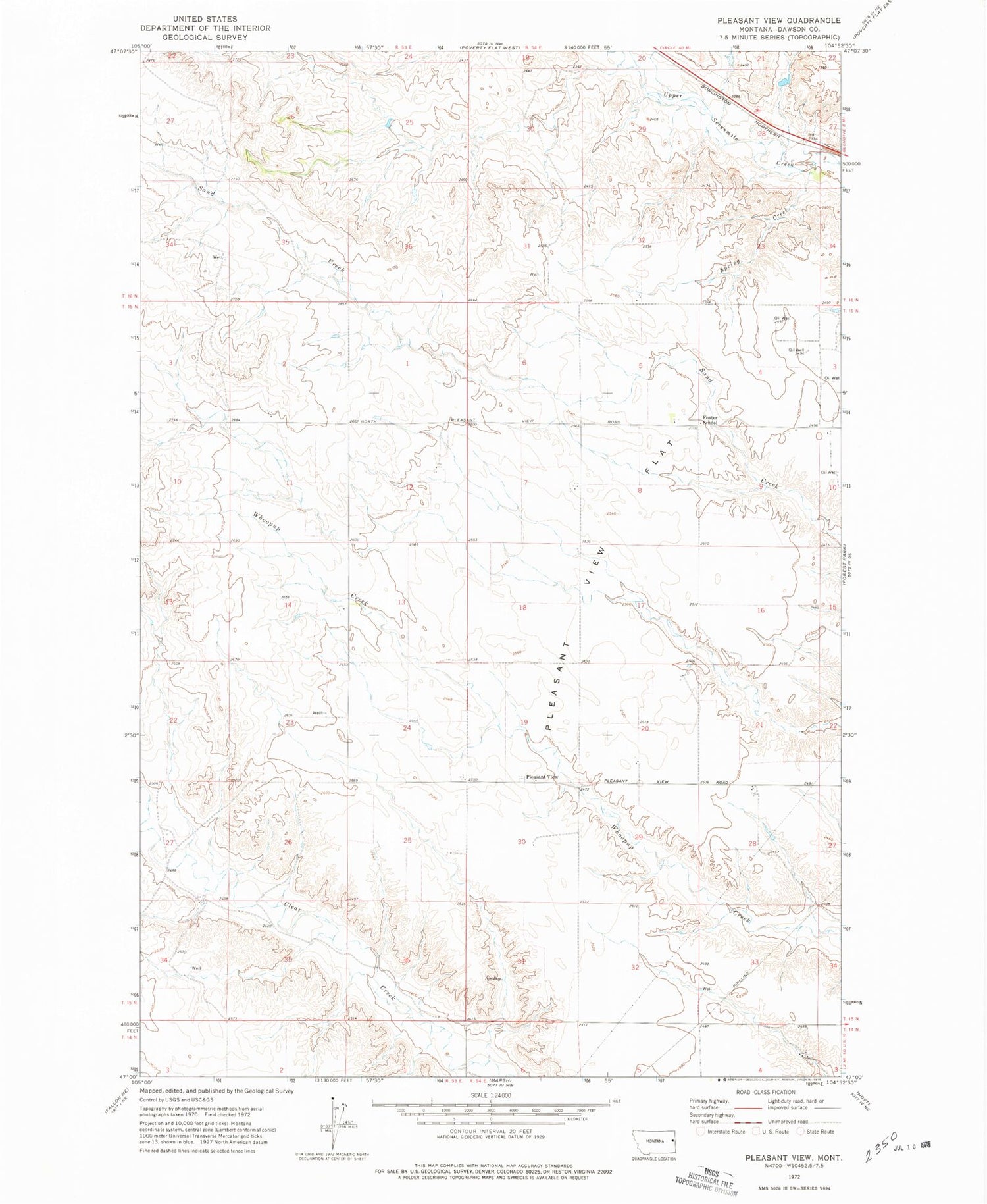 Classic USGS Pleasant View Montana 7.5'x7.5' Topo Map Image