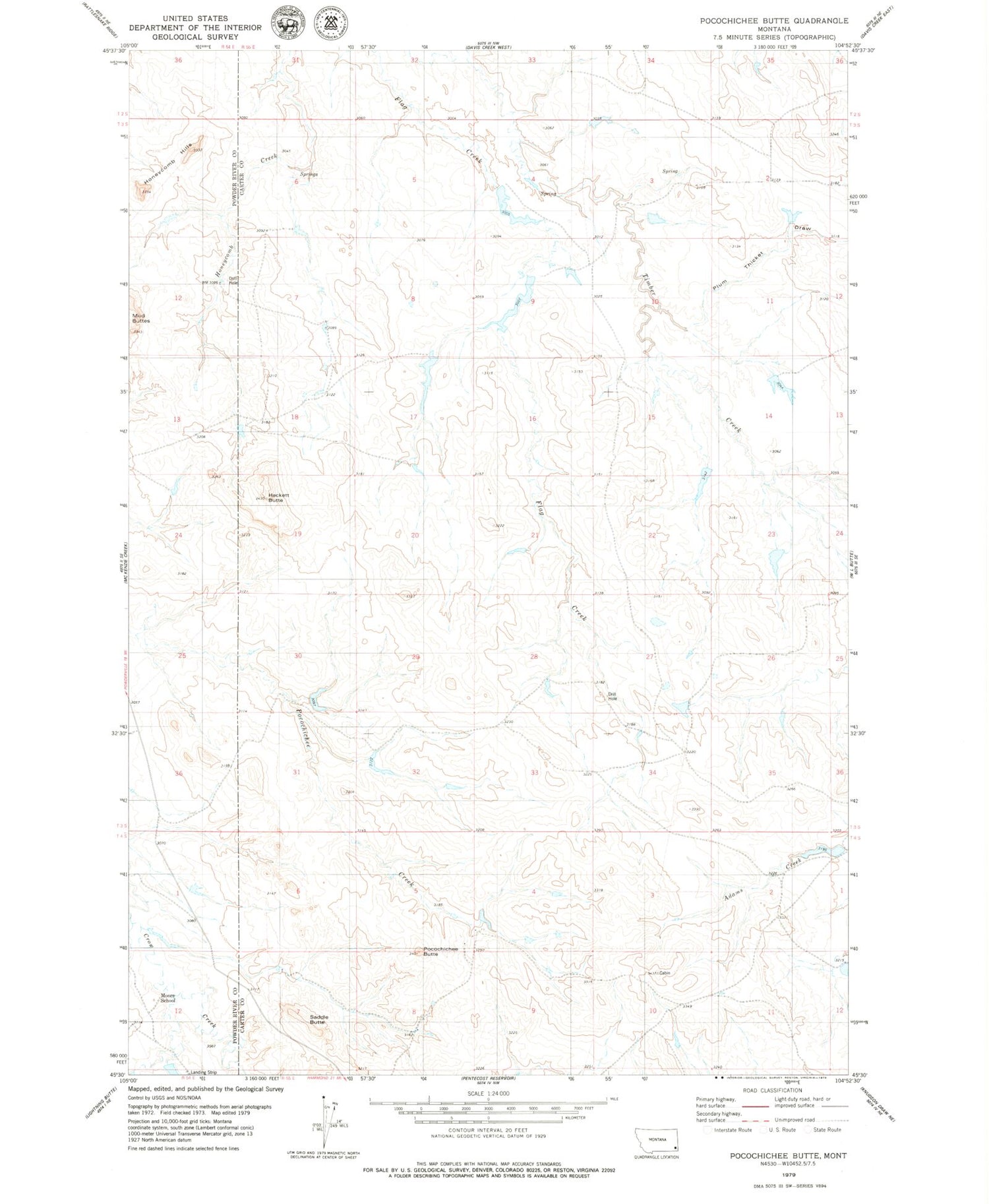 Classic USGS Pocochichee Butte Montana 7.5'x7.5' Topo Map Image
