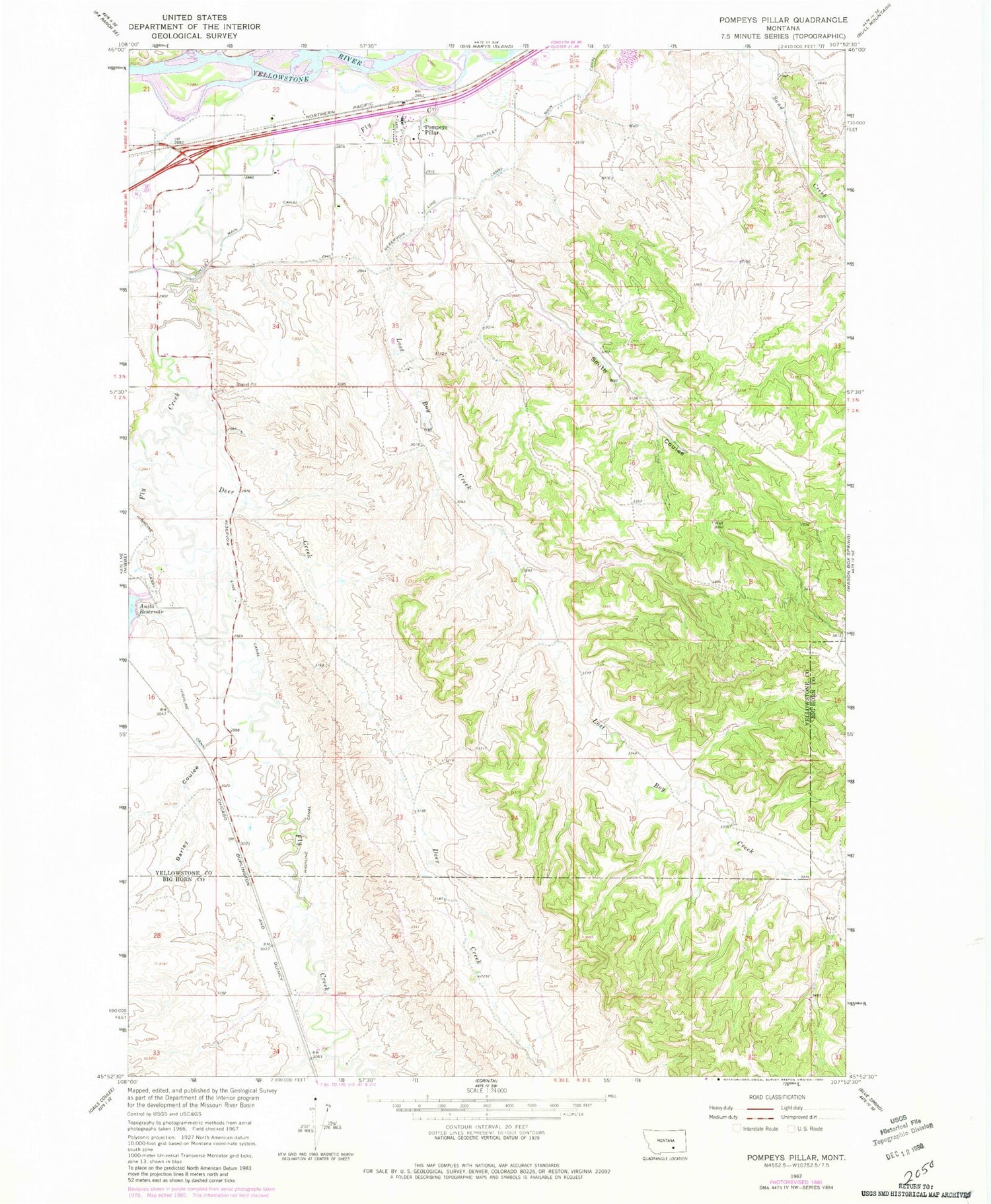 Classic USGS Pompeys Pillar Montana 7.5'x7.5' Topo Map Image