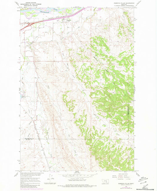 Classic USGS Pompeys Pillar Montana 7.5'x7.5' Topo Map Image