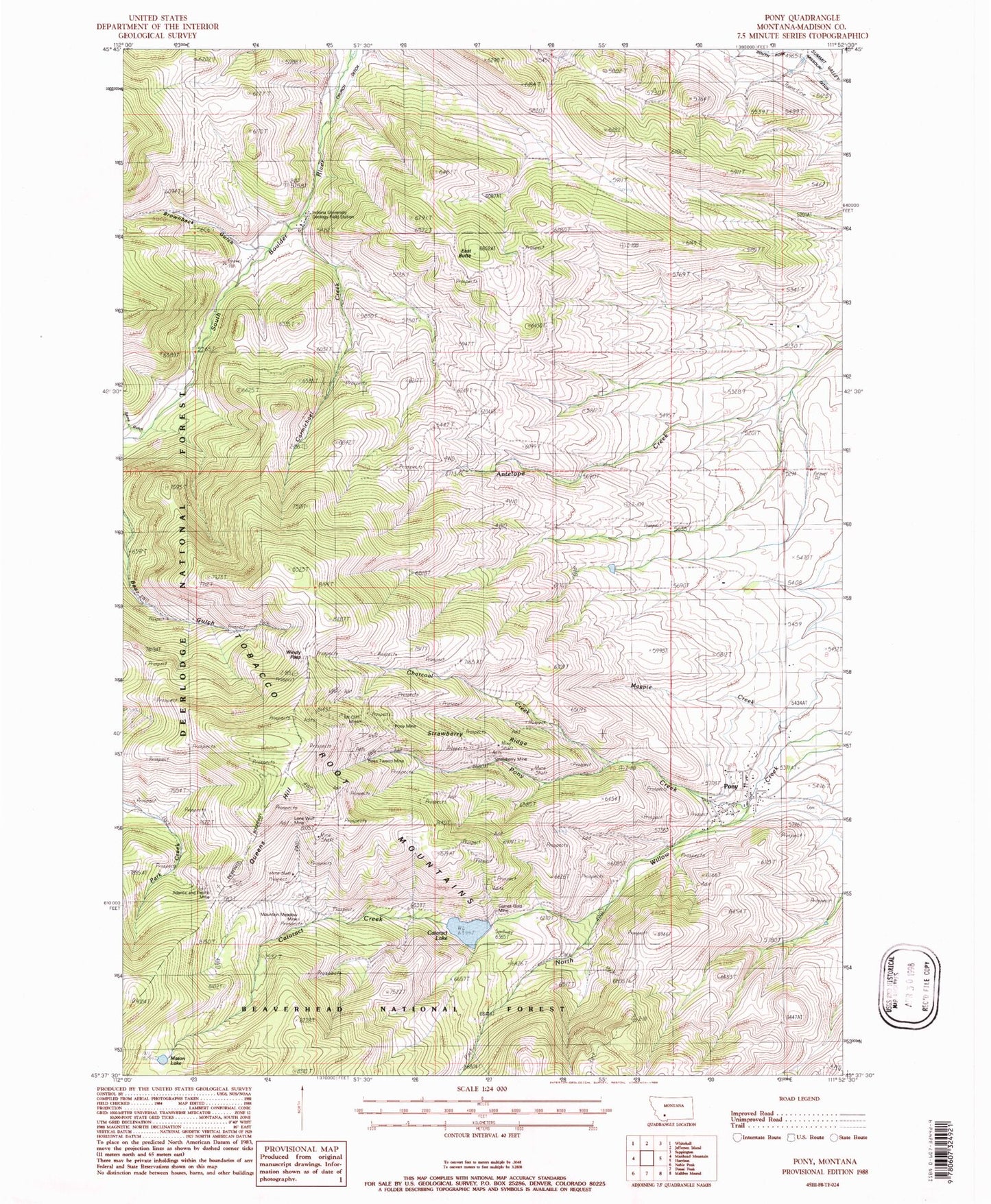 Classic USGS Pony Montana 7.5'x7.5' Topo Map Image