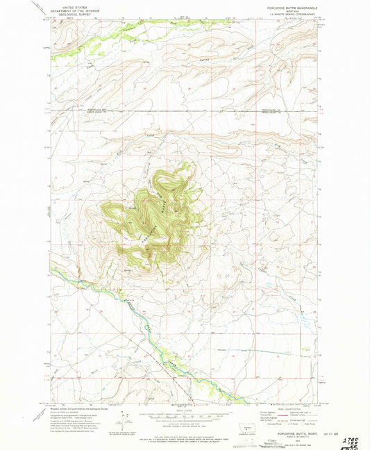 Classic USGS Porcupine Butte Montana 7.5'x7.5' Topo Map Image